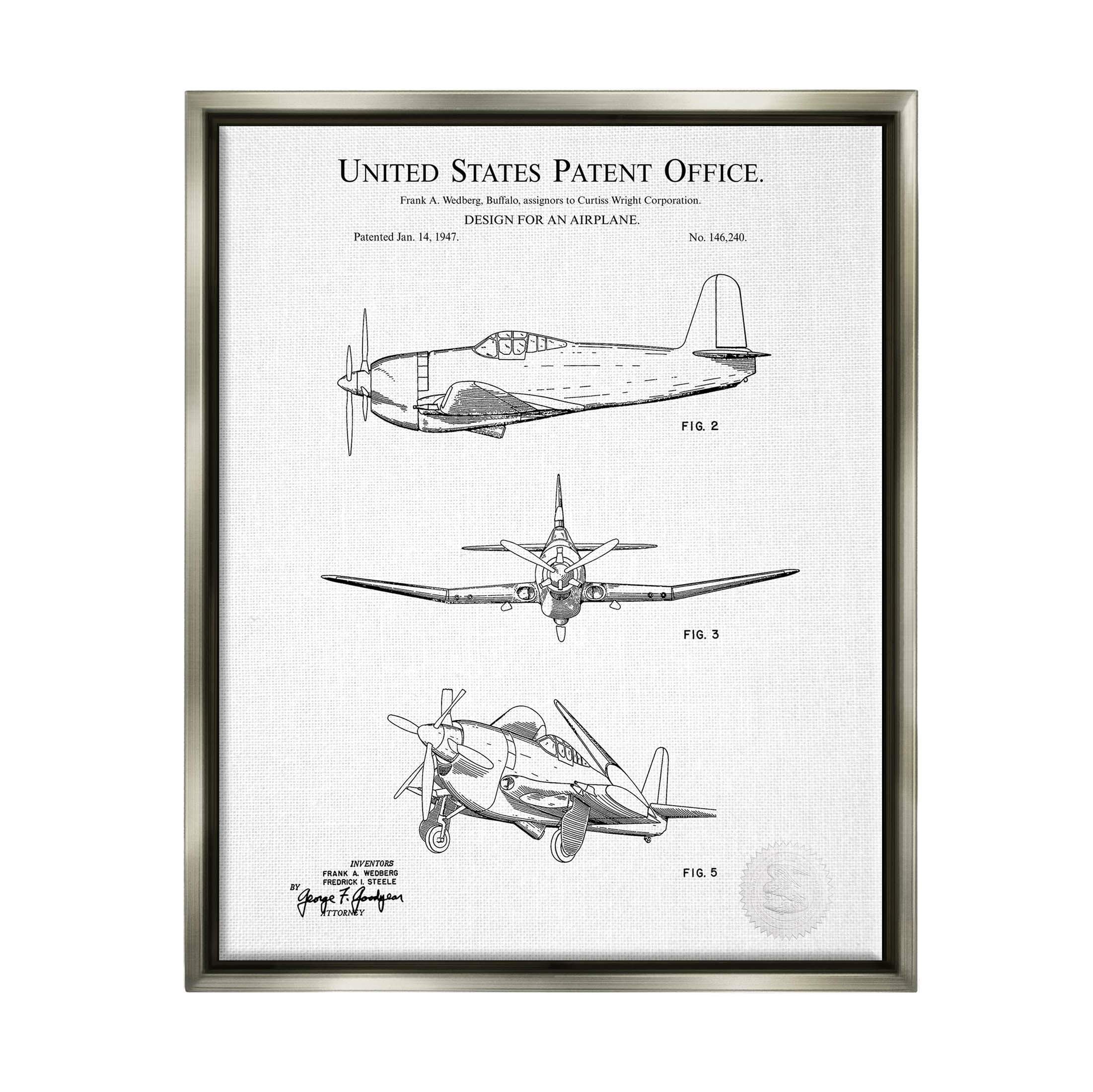 Stupell Industries Intricate Airplane Diagram Graphic Art Luster Gray Floating Framed Canvas Print Wall Art, Design by Karl Hronek