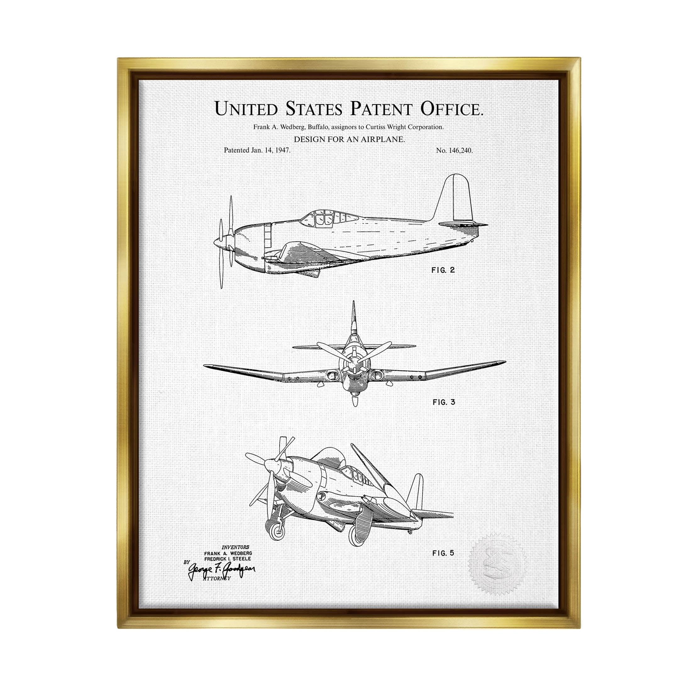 Stupell Industries Intricate Airplane Diagram Graphic Art Metallic Gold Floating Framed Canvas Print Wall Art, Design by Karl Hronek