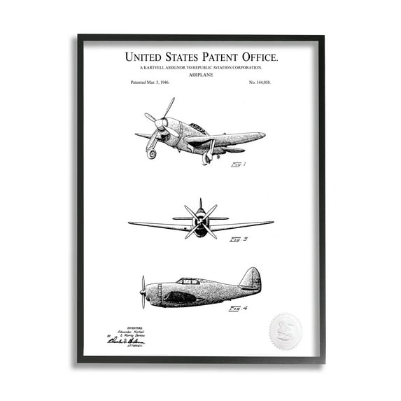 Stupell Industries Intricate Airplane Diagram Patent Graphic Art Black Framed Art Print Wall Art, Design by Karl Hronek