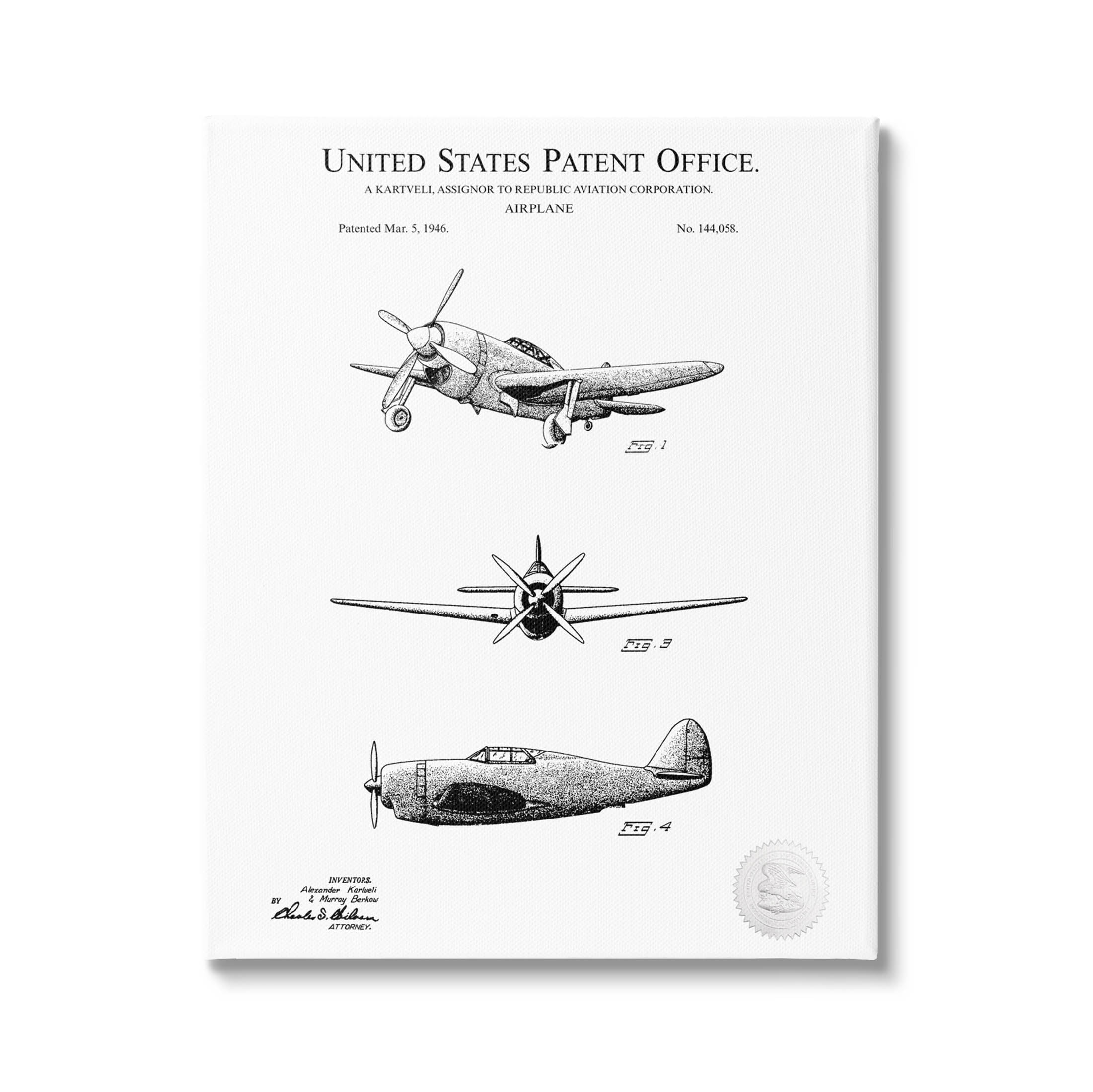 Stupell Industries Intricate Airplane Diagram Patent Graphic Art Gallery Wrapped Canvas Print Wall Art, Design by Karl Hronek