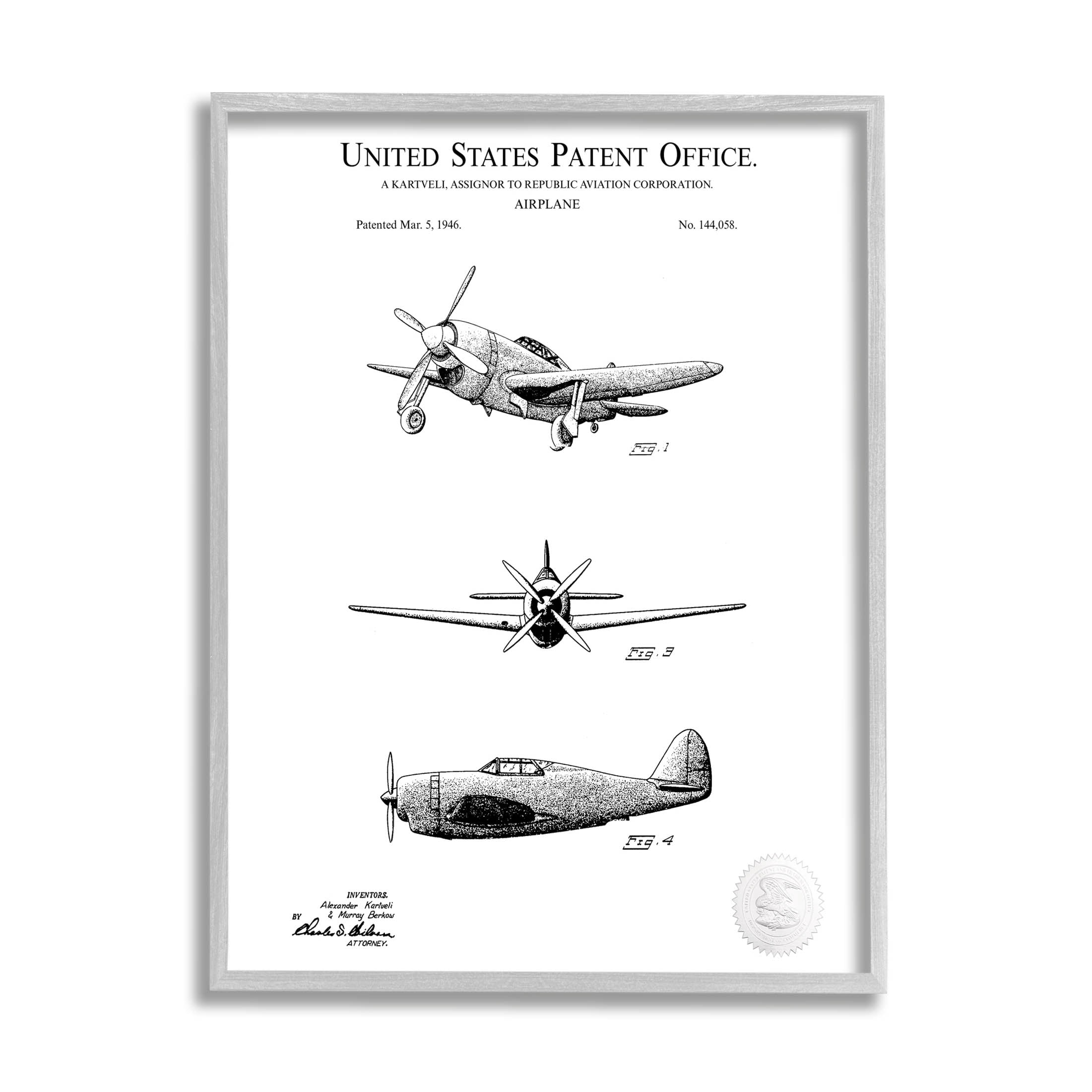 Stupell Industries Intricate Airplane Diagram Patent Graphic Art Gray Framed Art Print Wall Art, Design by Karl Hronek