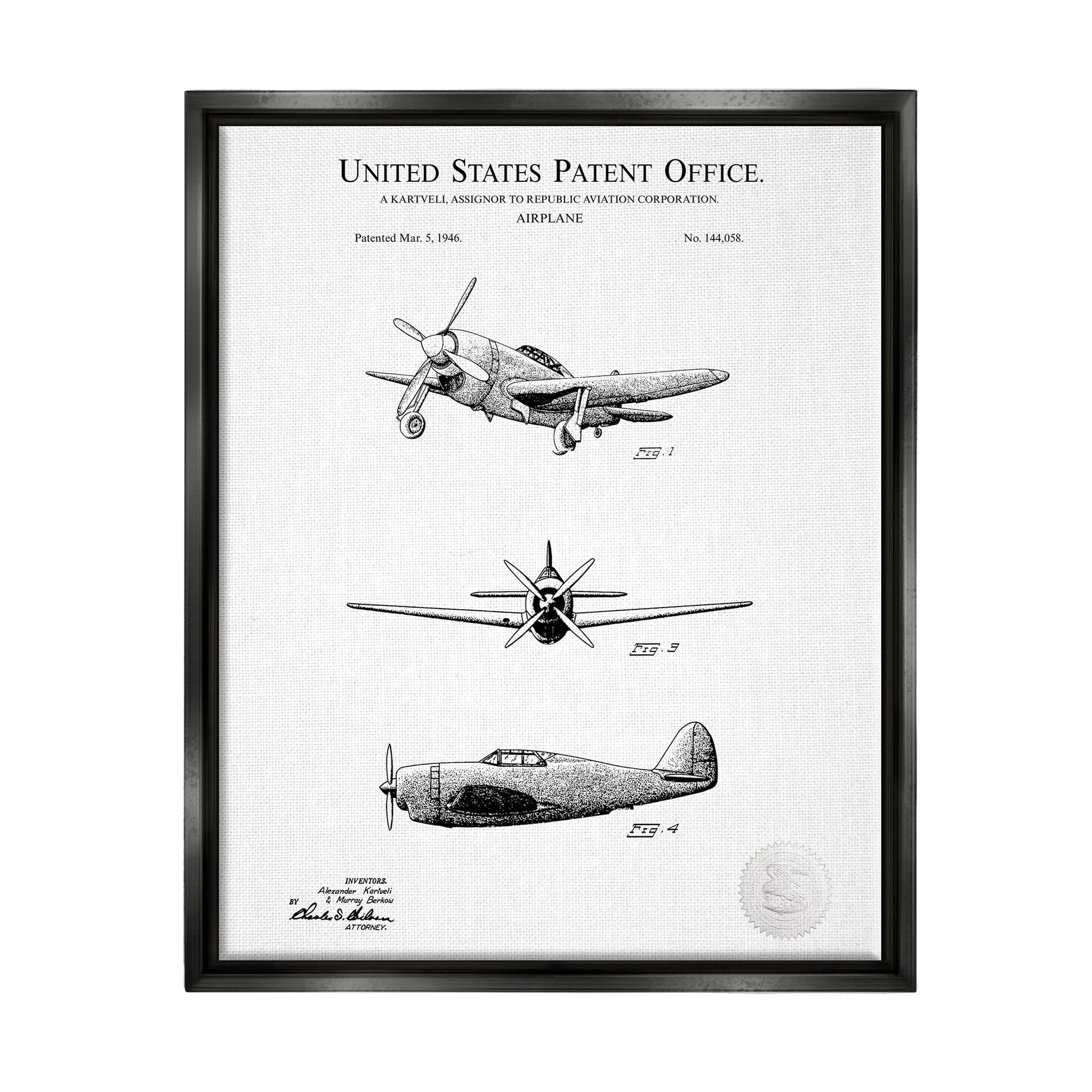 Stupell Industries Intricate Airplane Diagram Patent Graphic Art Jet Black Floating Framed Canvas Print Wall Art, Design by Karl Hronek