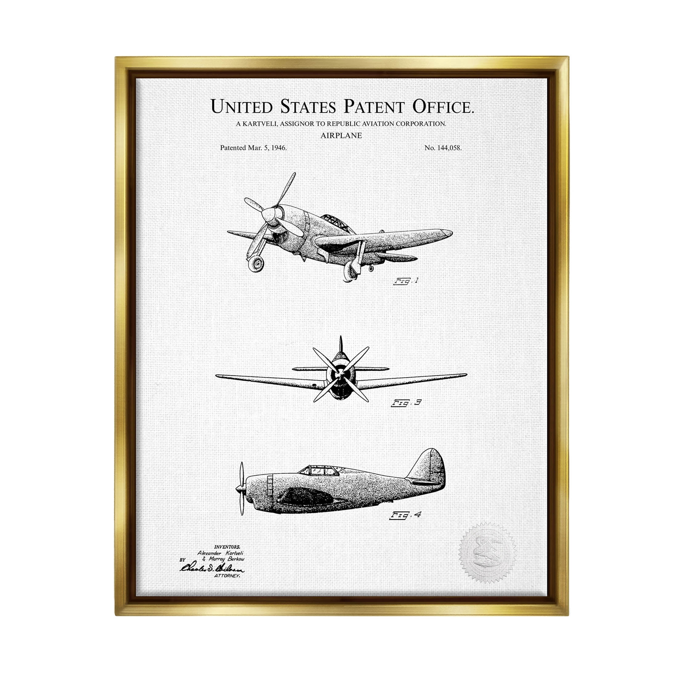 Stupell Industries Intricate Airplane Diagram Patent Graphic Art Metallic Gold Floating Framed Canvas Print Wall Art, Design by Karl Hronek