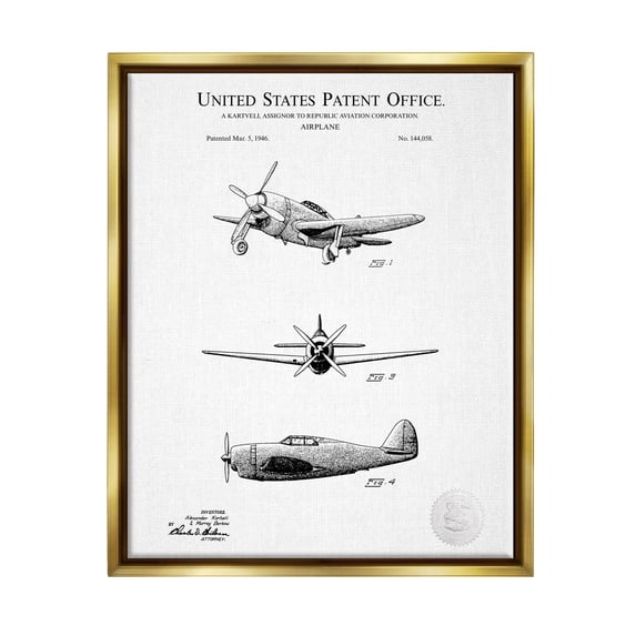 Stupell Industries Intricate Airplane Diagram Patent Graphic Art Metallic Gold Floating Framed Canvas Print Wall Art, Design by Karl Hronek