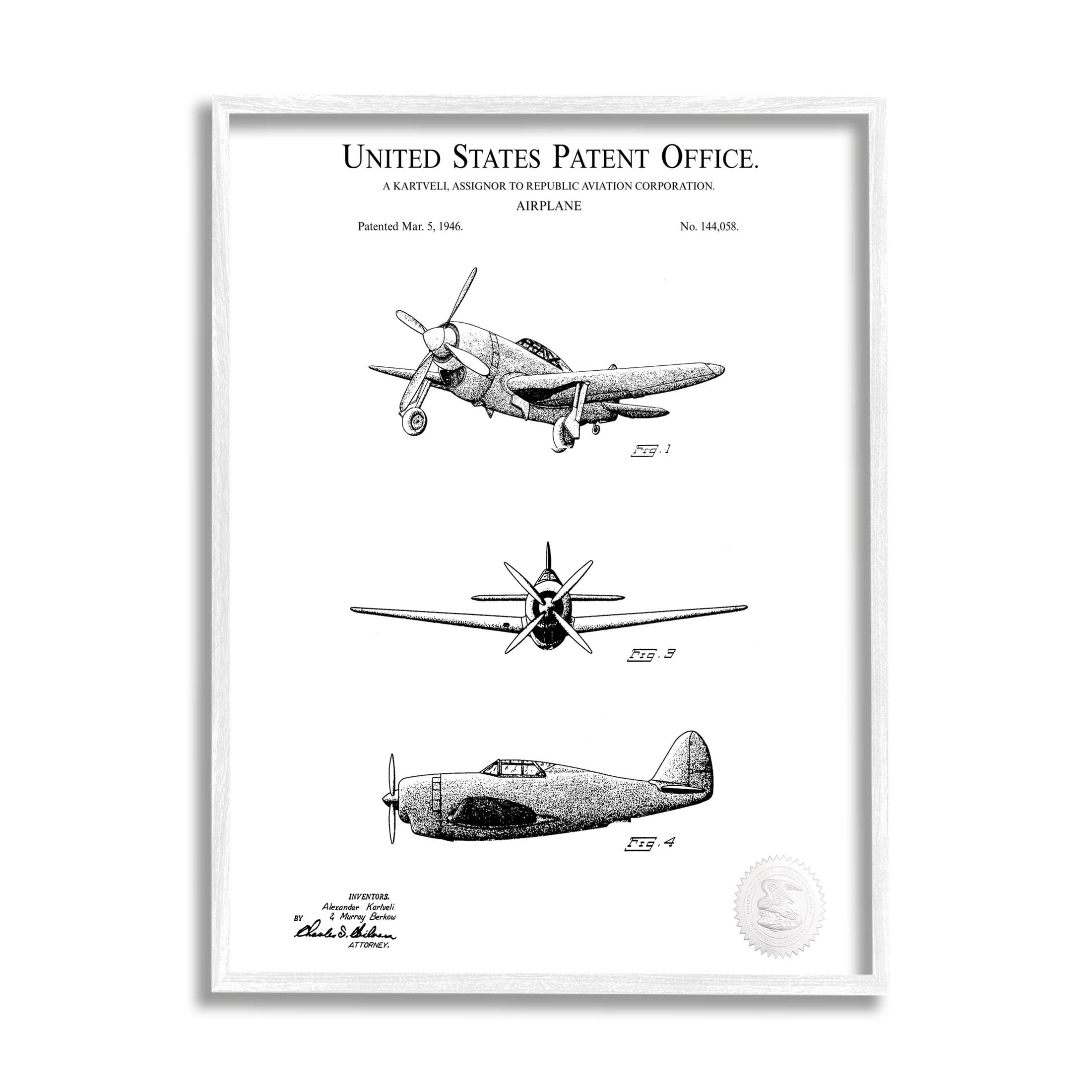 Stupell Industries Intricate Airplane Diagram Patent Graphic Art White Framed Art Print Wall Art, Design by Karl Hronek