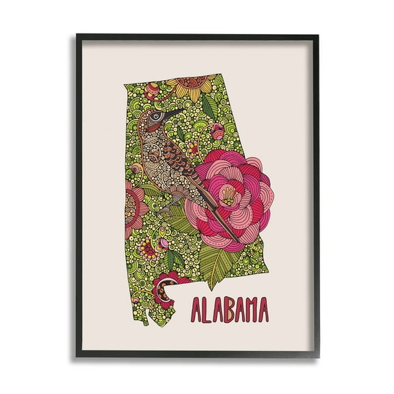 Stupell Industries Intricate Alabama Camellia Flower Bird Detailed Pattern Graphic Art Black Framed Art Print Wall Art, Design by Valentina Harper