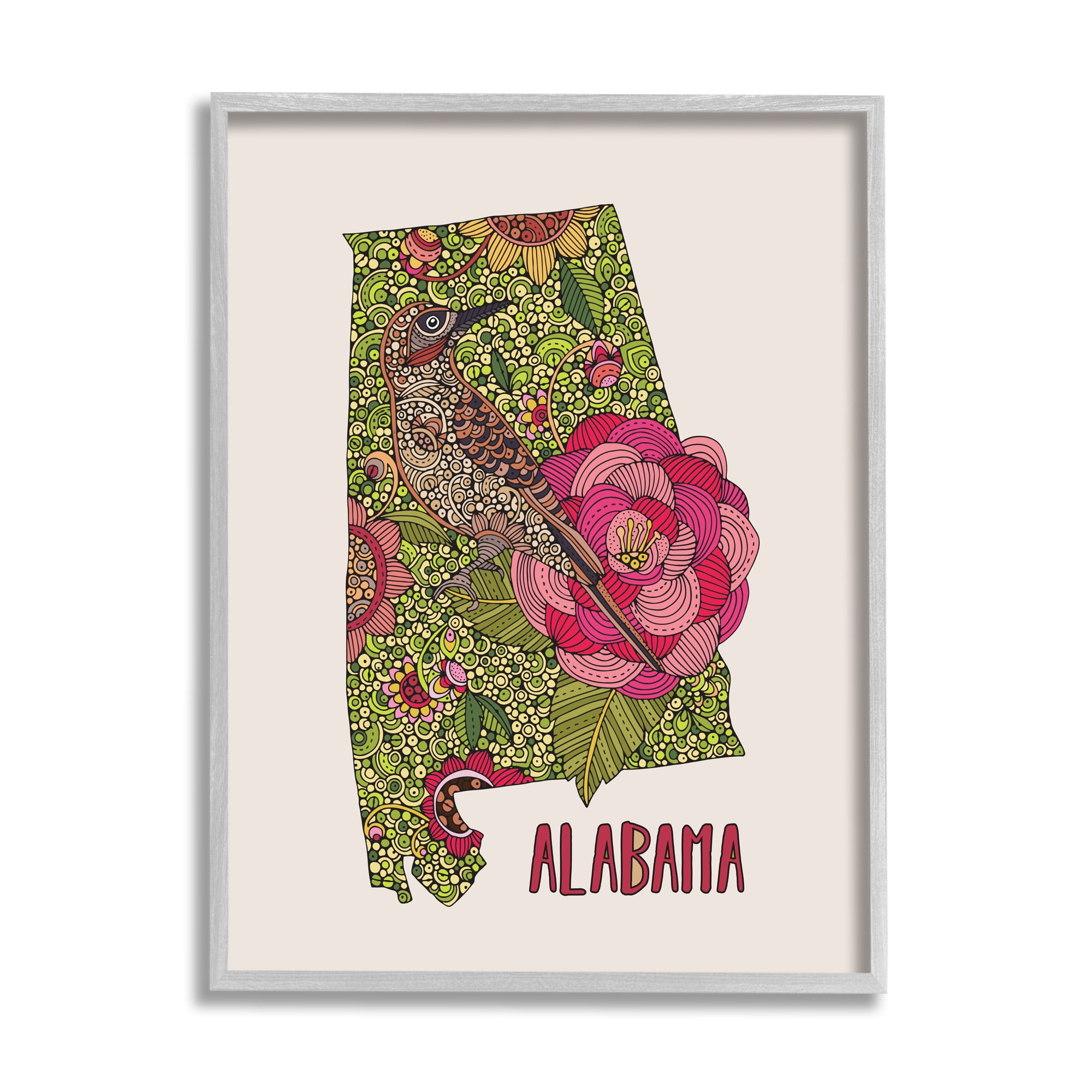 Stupell Industries Intricate Alabama Camellia Flower Bird Detailed Pattern Graphic Art Gray Framed Art Print Wall Art, Design by Valentina Harper