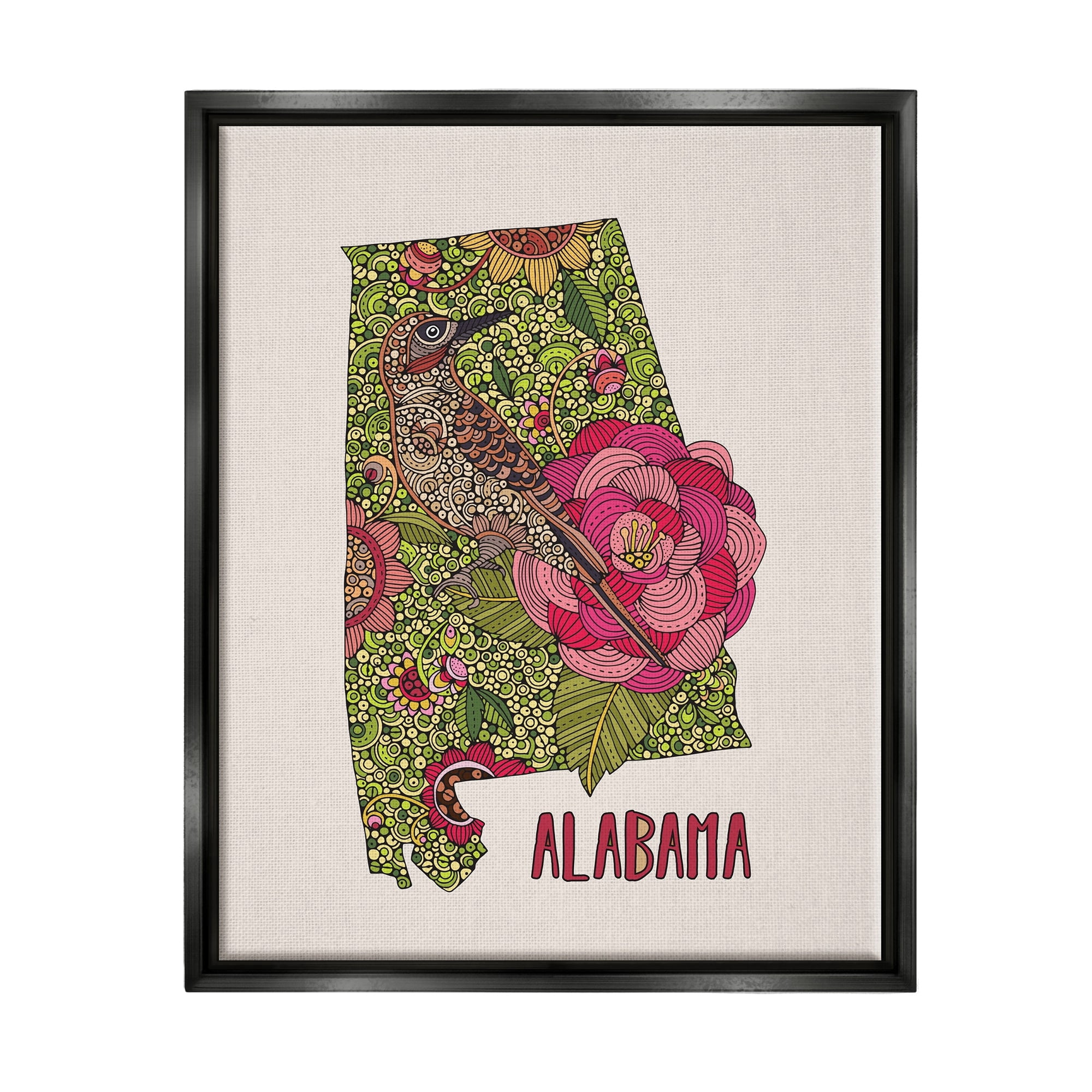 Stupell Industries Intricate Alabama Camellia Flower Bird Detailed Pattern Graphic Art Jet Black Floating Framed Canvas Print Wall Art, Design by Valentina Harper