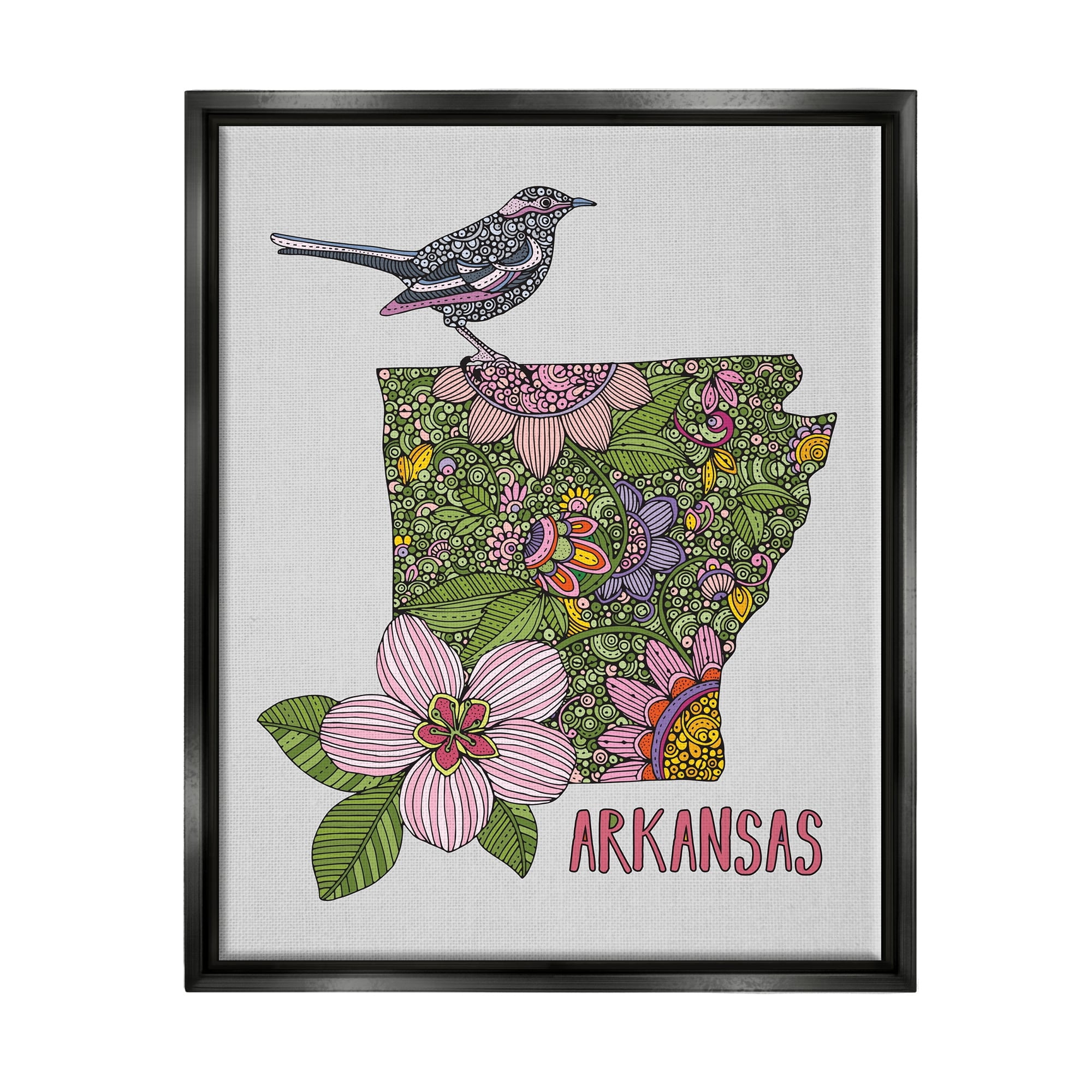 Stupell Industries Intricate Arkansas Floral Pattern Mockingbird Blossom Graphic Art Jet Black Floating Framed Canvas Print Wall Art, Design by Valentina Harper