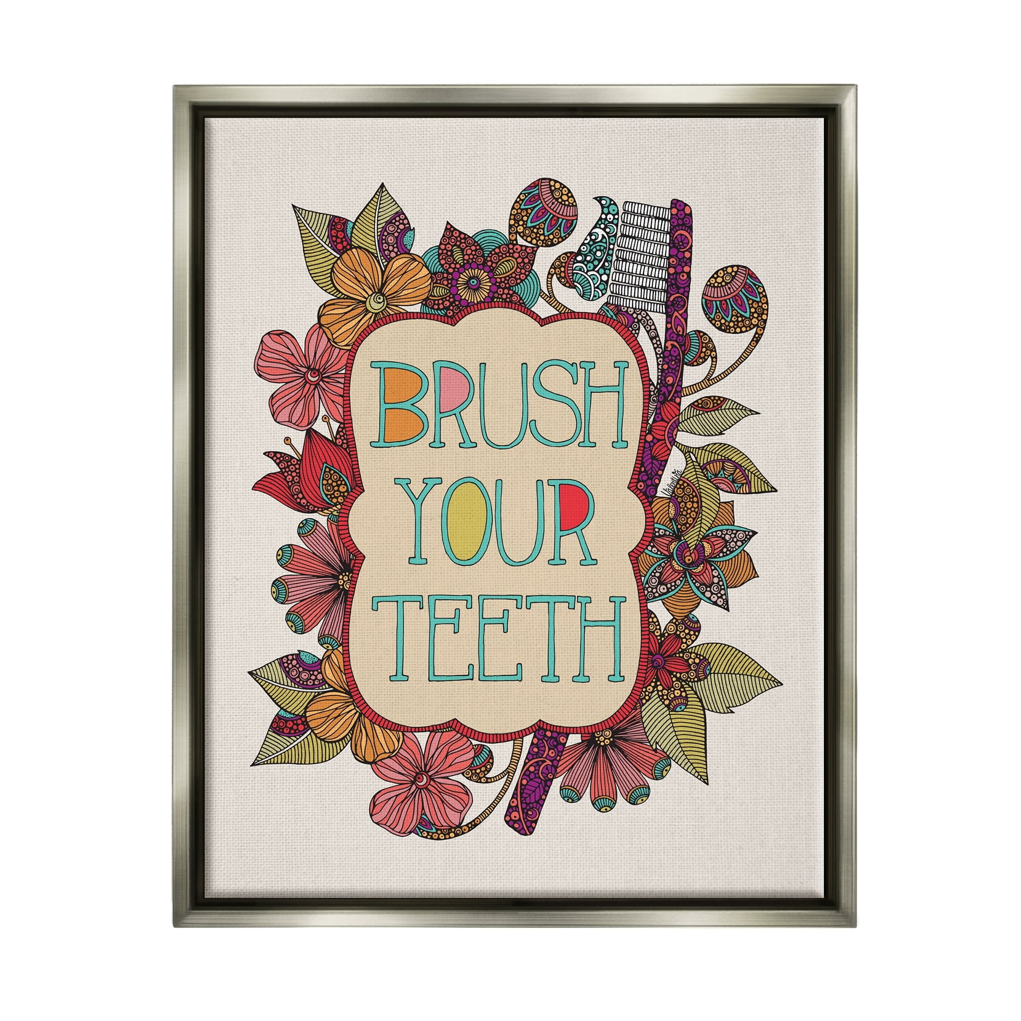 Stupell Industries Intricate Floral Shapes Brush Your Teeth Toothbrush Graphic Art Luster Gray Floating Framed Canvas Print Wall Art, Design by Valentina Harper