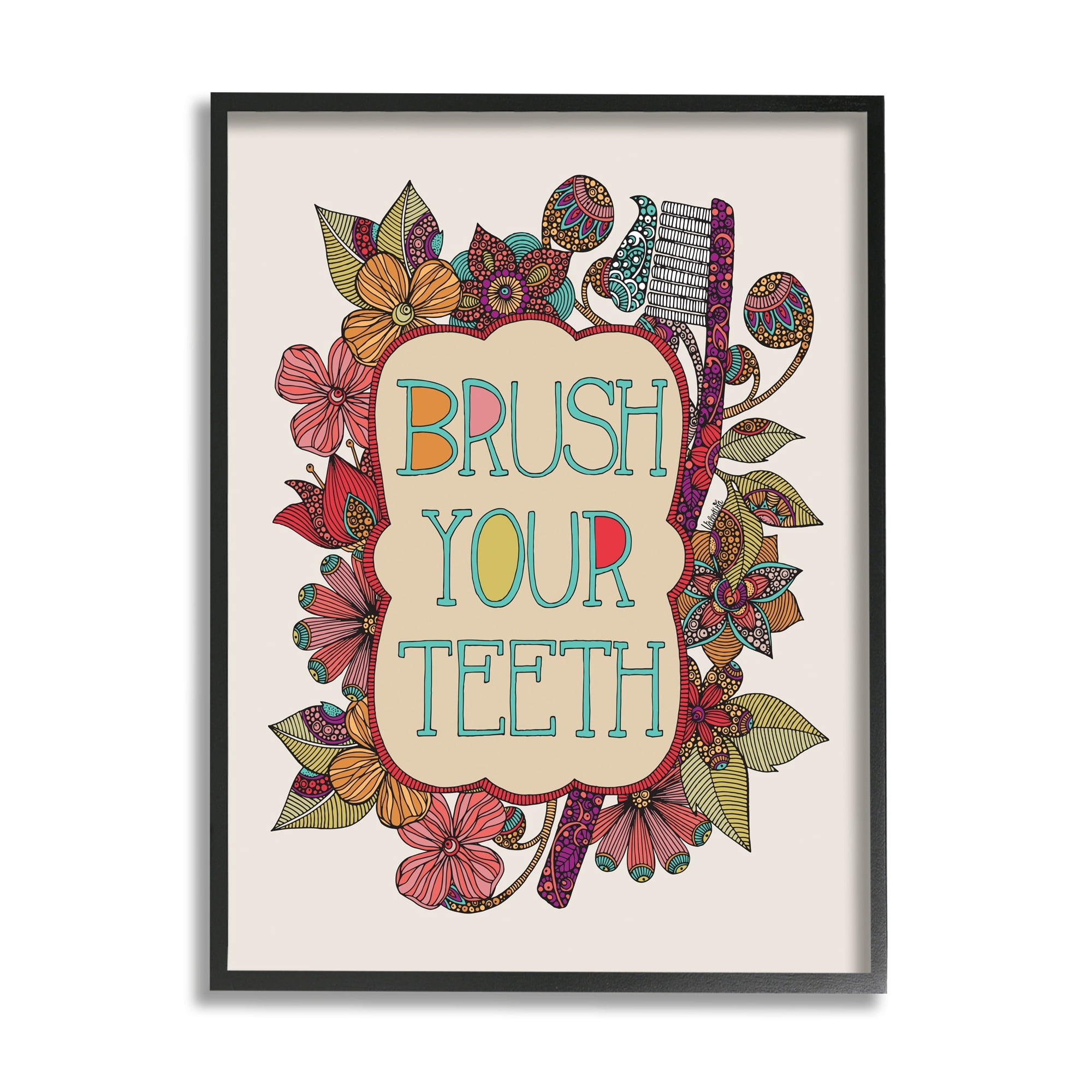 Stupell Industries Intricate Floral Shapes Brush Your Teeth Toothbrush Graphic Art Black Framed Art Print Wall Art, Design by Valentina Harper