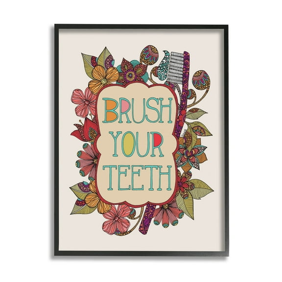 Stupell Industries Intricate Floral Shapes Brush Your Teeth Toothbrush Graphic Art Black Framed Art Print Wall Art, Design by Valentina Harper