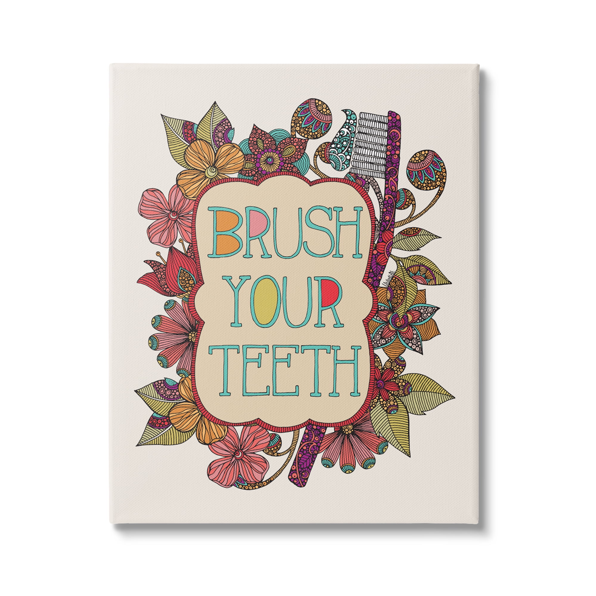 Stupell Industries Intricate Floral Shapes Brush Your Teeth Toothbrush Graphic Art Gallery Wrapped Canvas Print Wall Art, Design by Valentina Harper