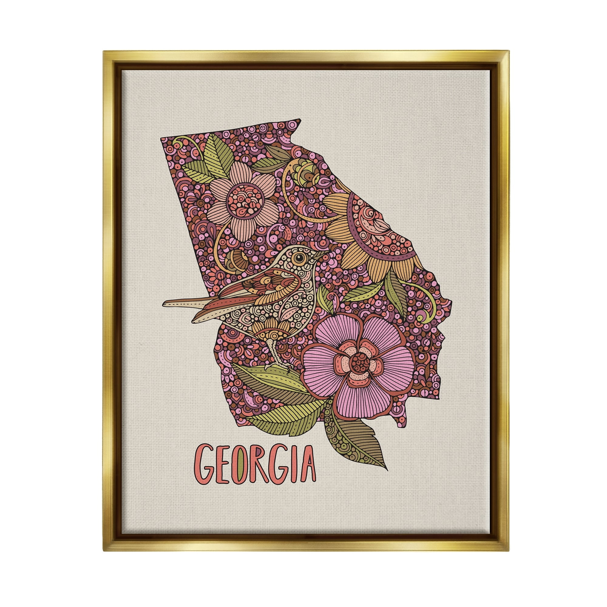 Stupell Industries Intricate Georgia State Bird & Flower Detailed Floral Design Graphic Art Metallic Gold Floating Framed Canvas Print Wall Art, Design by Valentina Harper