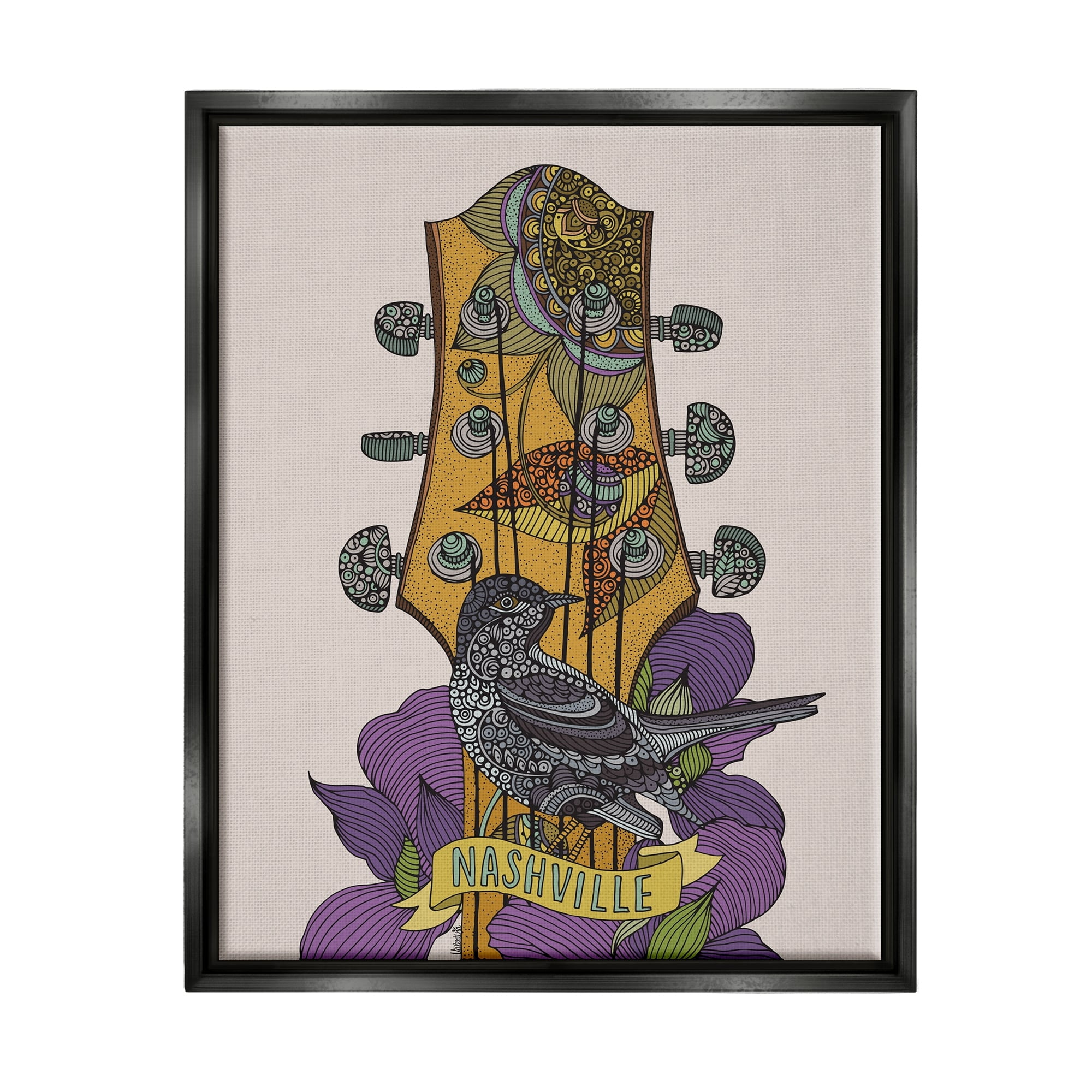 Stupell Industries Intricate Nashville Guitar Floral Patterned Bird Perched Graphic Art Jet Black Floating Framed Canvas Print Wall Art, Design by Valentina Harper