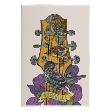 Stupell Industries Intricate Nashville Guitar Floral Patterned Bird Perched Graphic Art Unframed Art Print Wall Art, Design by Valentina Harper