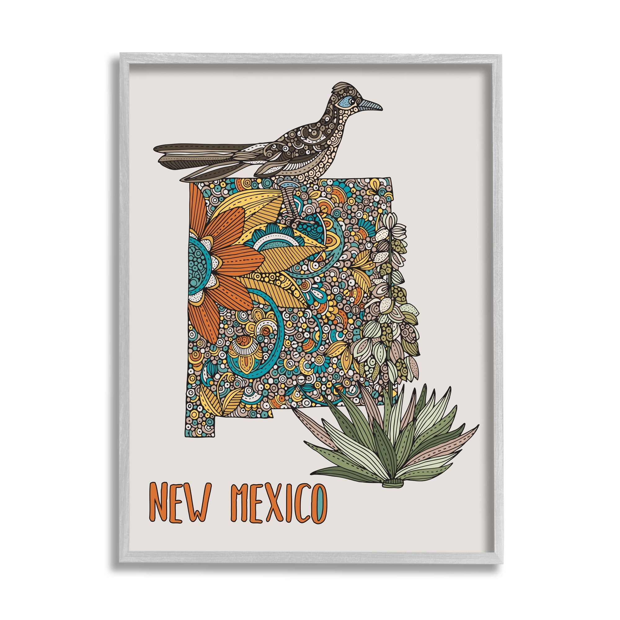 Stupell Industries Intricate New Mexico Yucca & Roadrunner Floral Bird Graphic Art Gray Framed Art Print Wall Art, Design by Valentina Harper