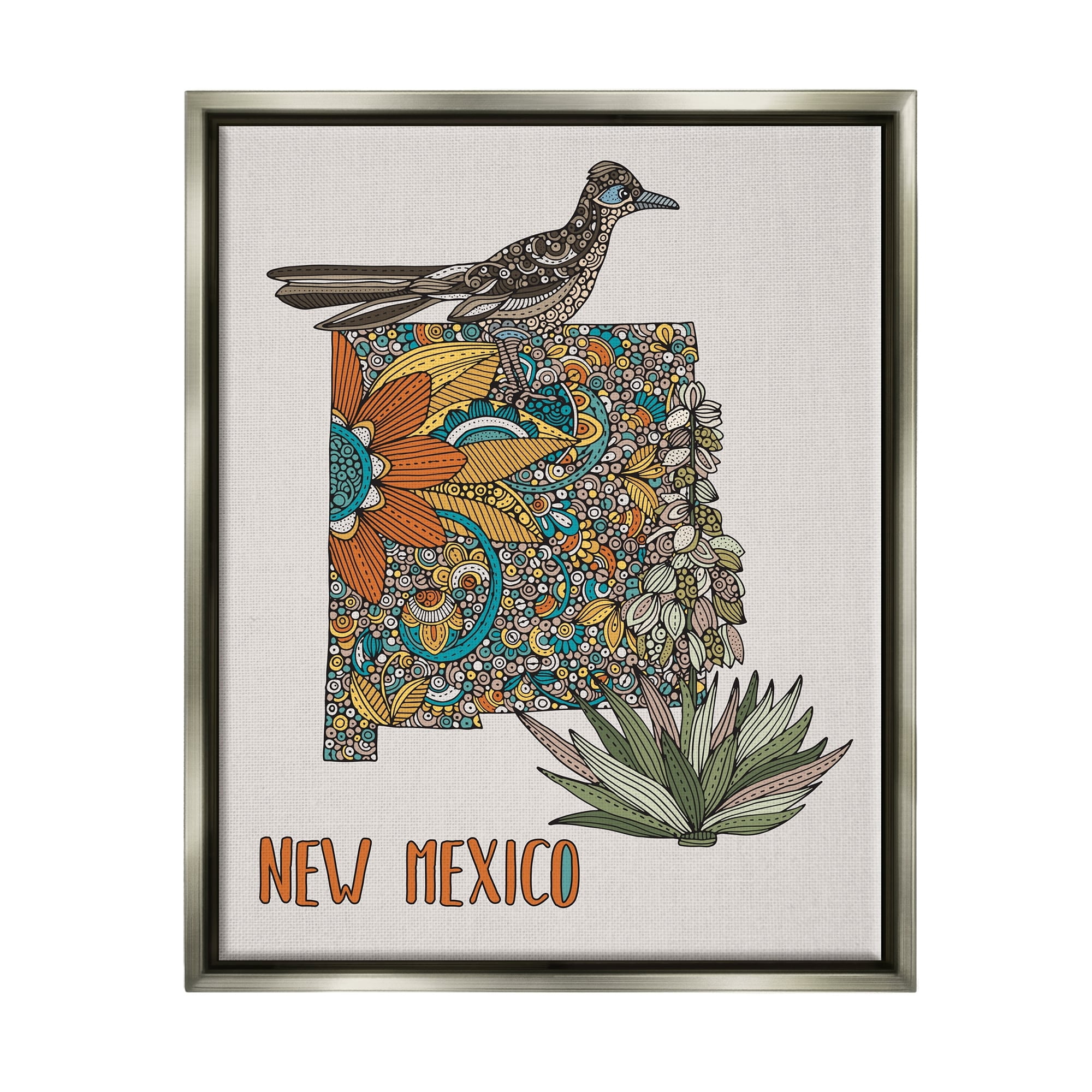Stupell Industries Intricate New Mexico Yucca & Roadrunner Floral Bird Graphic Art Luster Gray Floating Framed Canvas Print Wall Art, Design by Valentina Harper