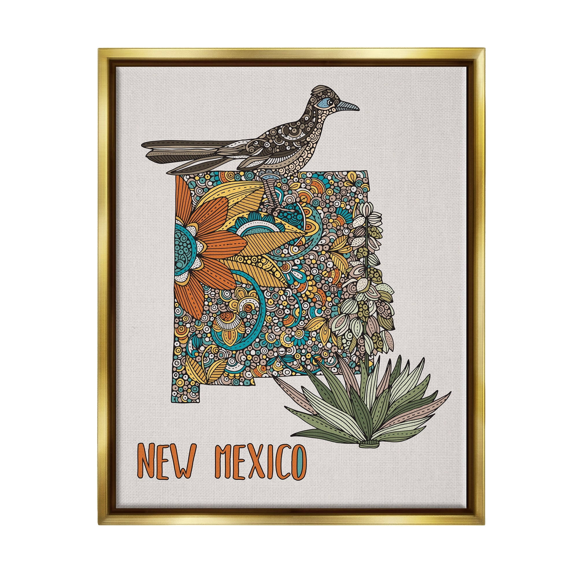 Stupell Industries Intricate New Mexico Yucca & Roadrunner Floral Bird Graphic Art Metallic Gold Floating Framed Canvas Print Wall Art, Design by Valentina Harper