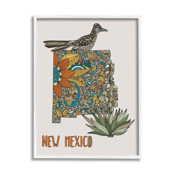Stupell Industries Intricate New Mexico Yucca & Roadrunner Floral Bird Graphic Art White Framed Art Print Wall Art, Design by Valentina Harper