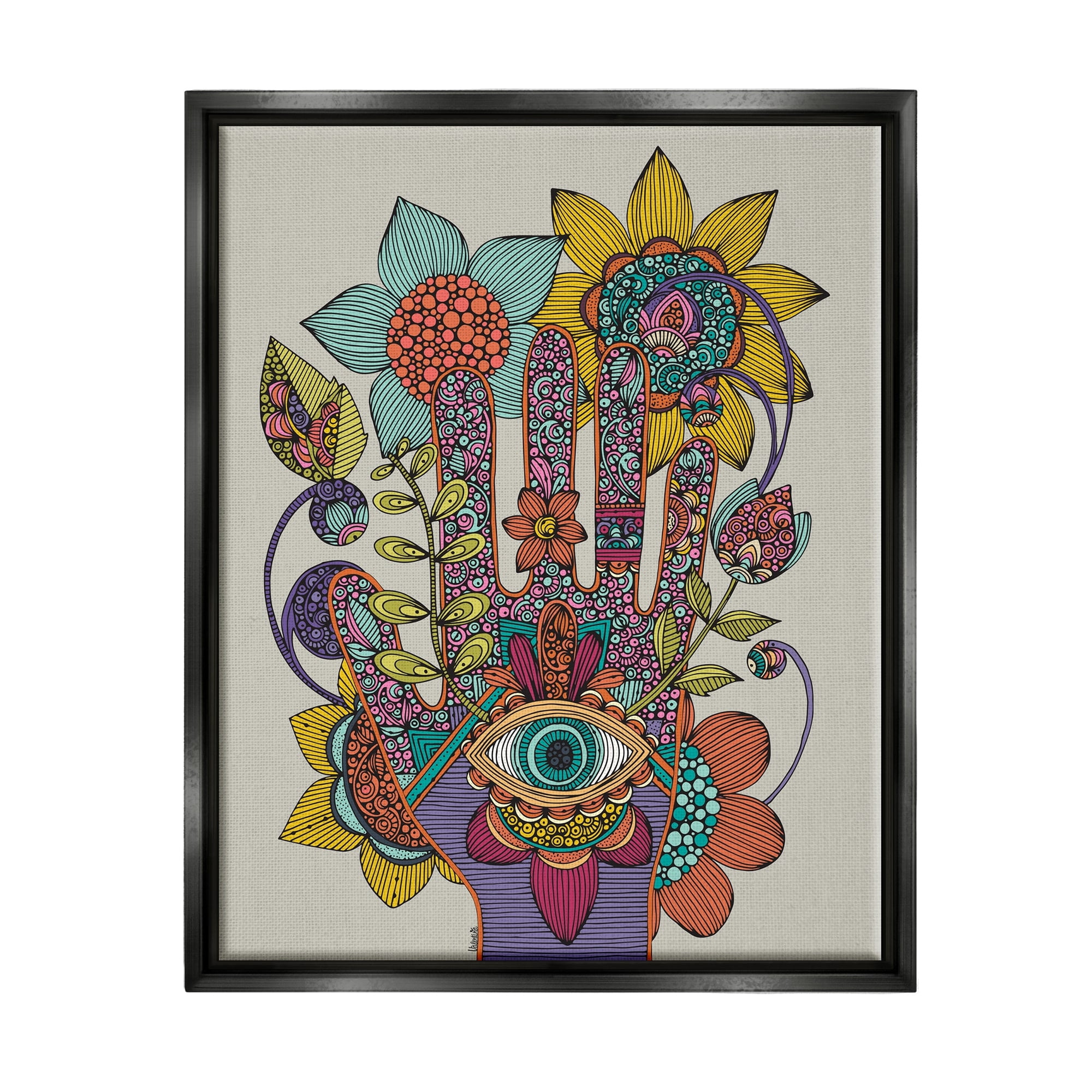 Stupell Industries Intricate Paisley Patterns Floral Hand Eye Shape Graphic Art Jet Black Floating Framed Canvas Print Wall Art, Design by Valentina Harper
