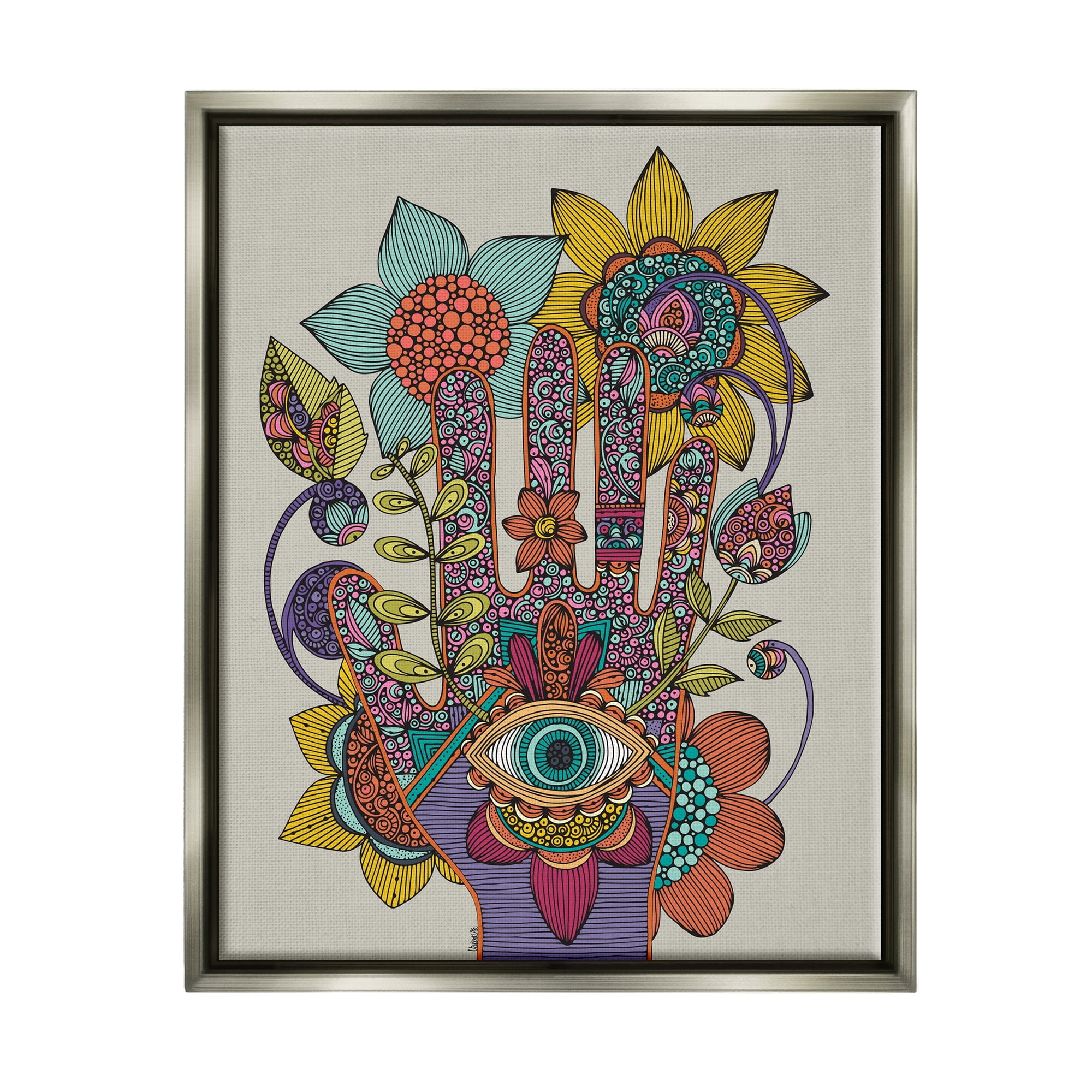 Stupell Industries Intricate Paisley Patterns Floral Hand Eye Shape Graphic Art Luster Gray Floating Framed Canvas Print Wall Art, Design by Valentina Harper