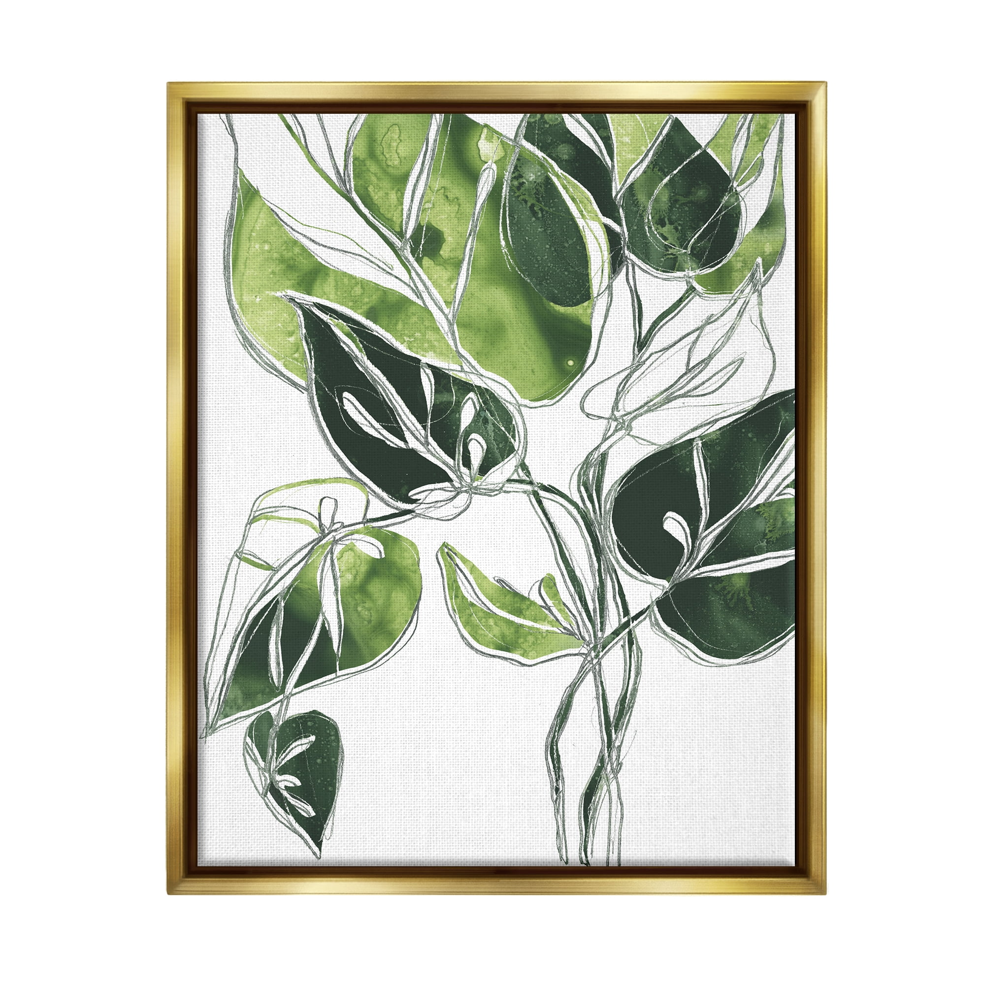 Stupell Industries Intricate Palm Vines Unique Green Leaves Metallic Gold Framed Floating Canvas Wall Art, 24x30, by June Erica Vess