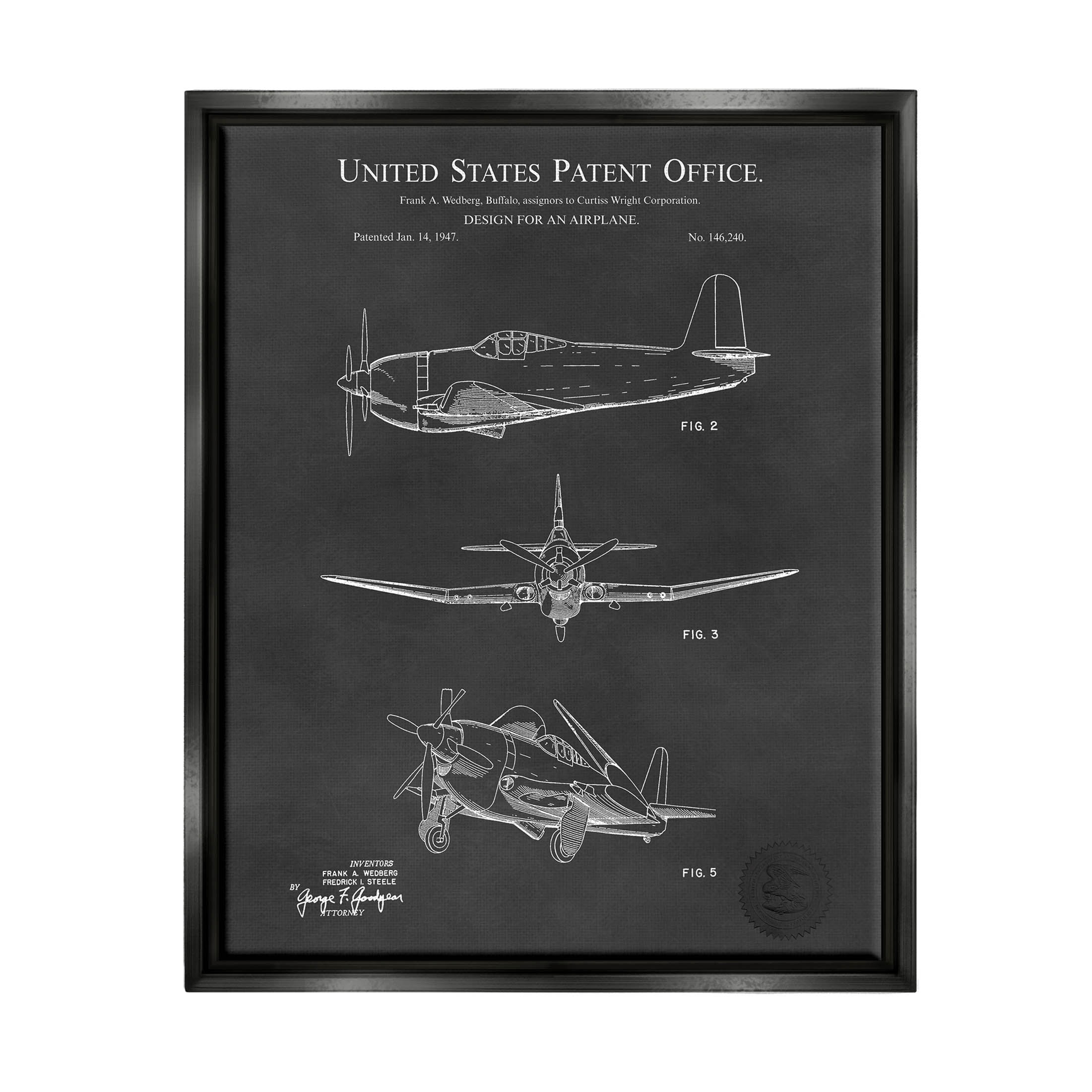 Stupell Industries Intricate Patent Blueprint Chart Graphic Art Jet Black Floating Framed Canvas Print Wall Art, Design by Karl Hronek