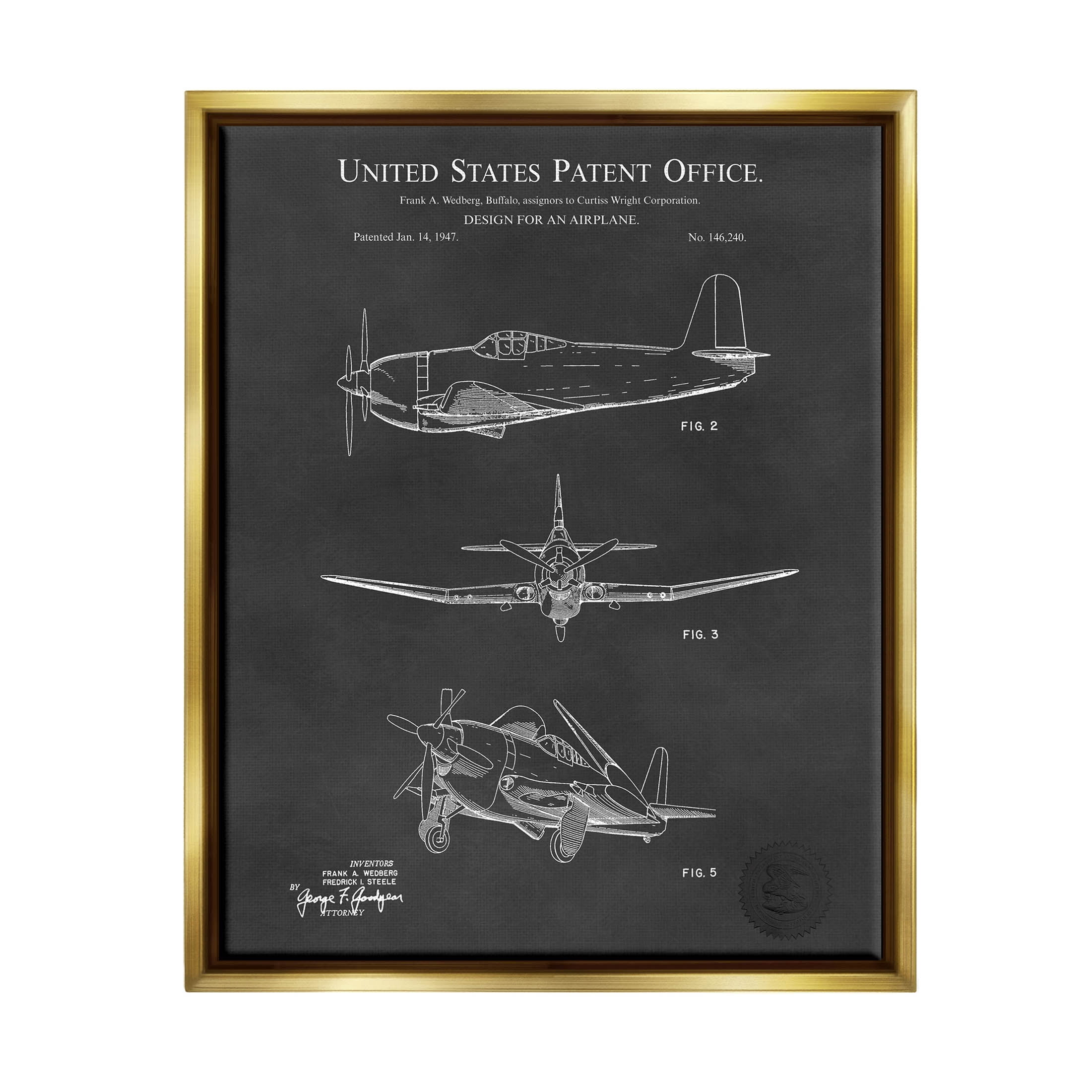 Stupell Industries Intricate Patent Blueprint Chart Graphic Art Metallic Gold Floating Framed Canvas Print Wall Art, Design by Karl Hronek