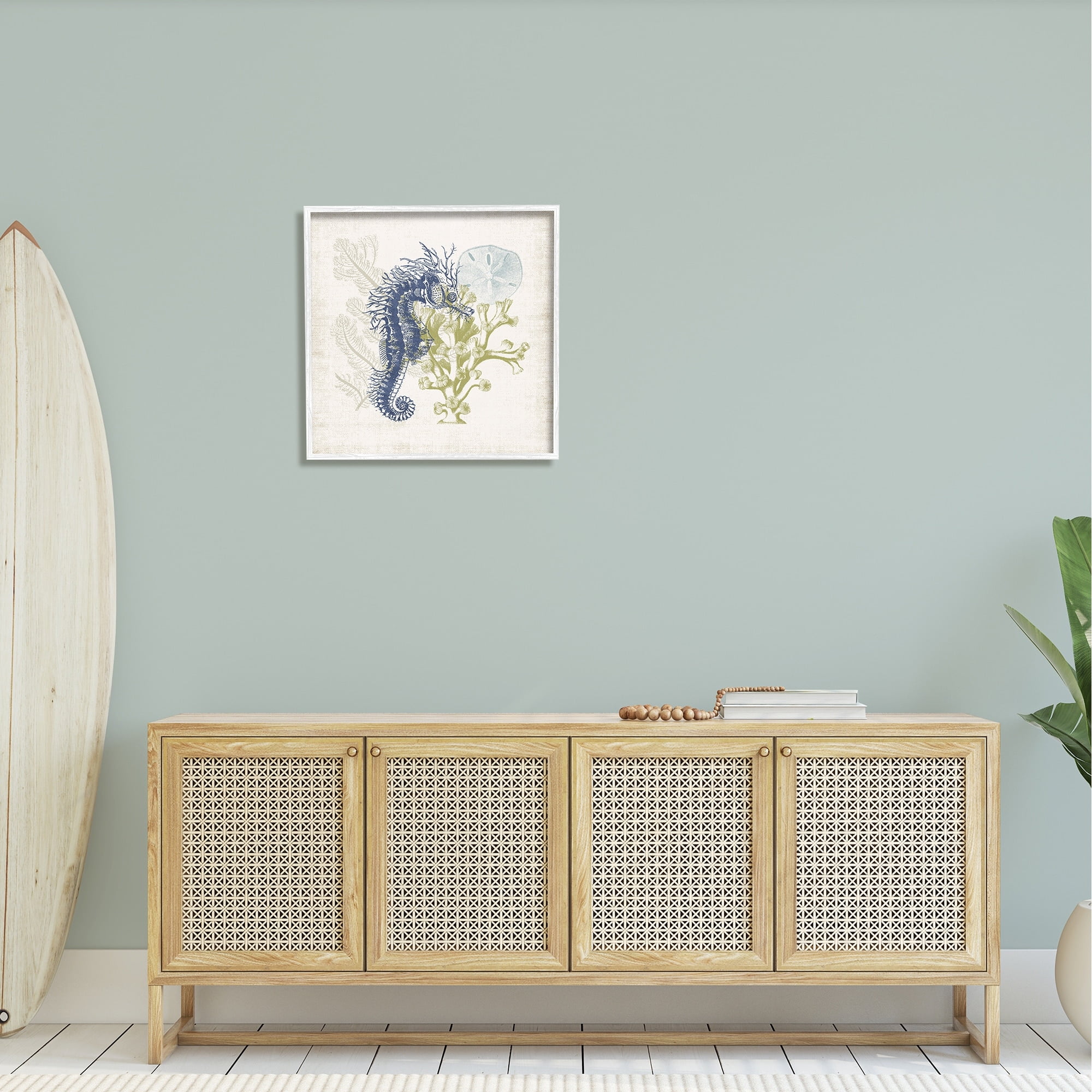 Stupell Industries Intricate Seahorse Overlay Sand Dollar Coral Botanicals Graphic Art White Framed Art Print Wall Art, Design by Victoria Barnes