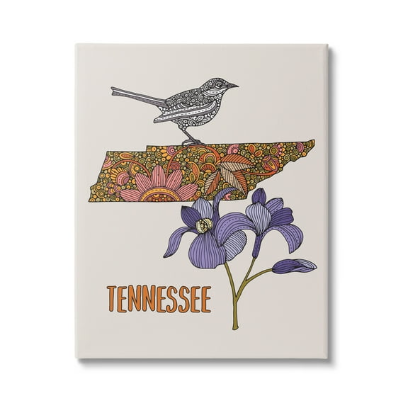 Stupell Industries Intricate Tennessee State Iris Floral Pattern Bird Graphic Art Gallery Wrapped Canvas Print Wall Art, Design by Valentina Harper