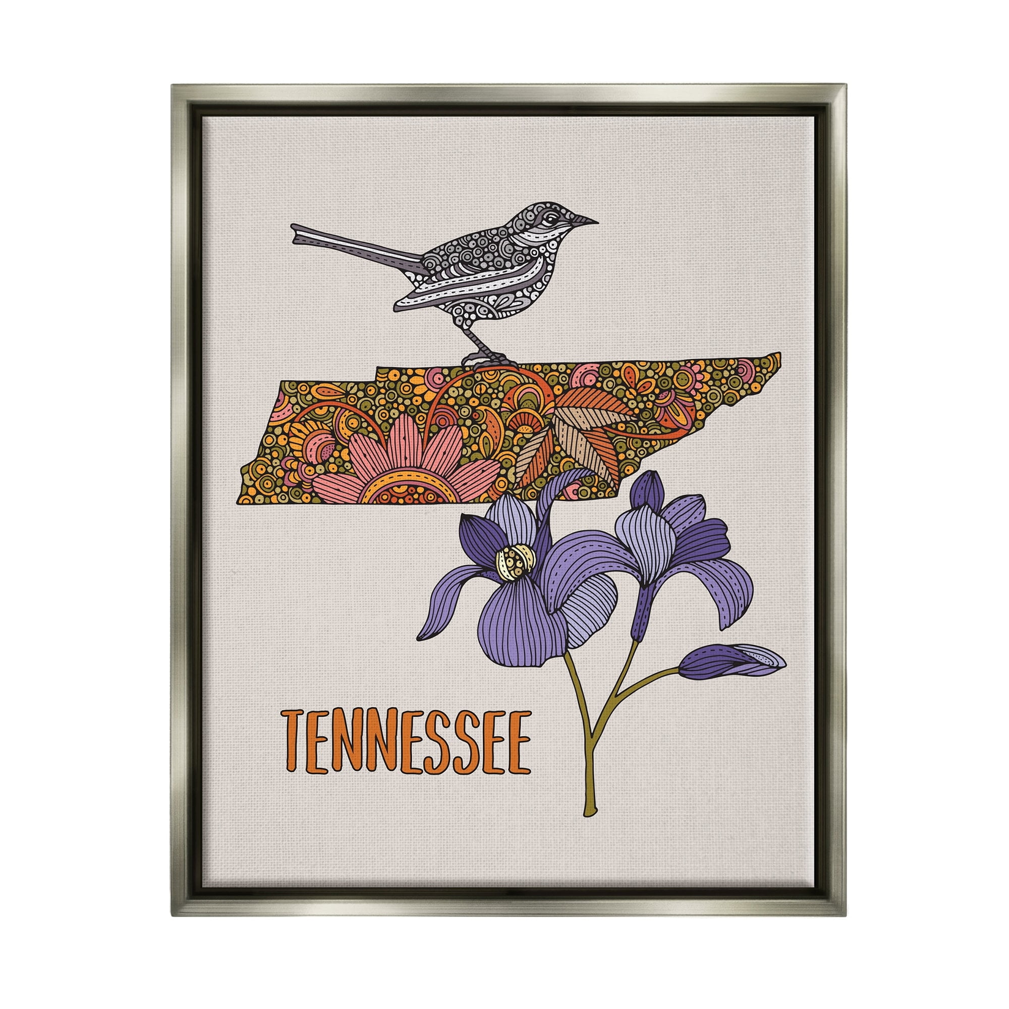 Stupell Industries Intricate Tennessee State Iris Floral Pattern Bird Graphic Art Luster Gray Floating Framed Canvas Print Wall Art, Design by Valentina Harper