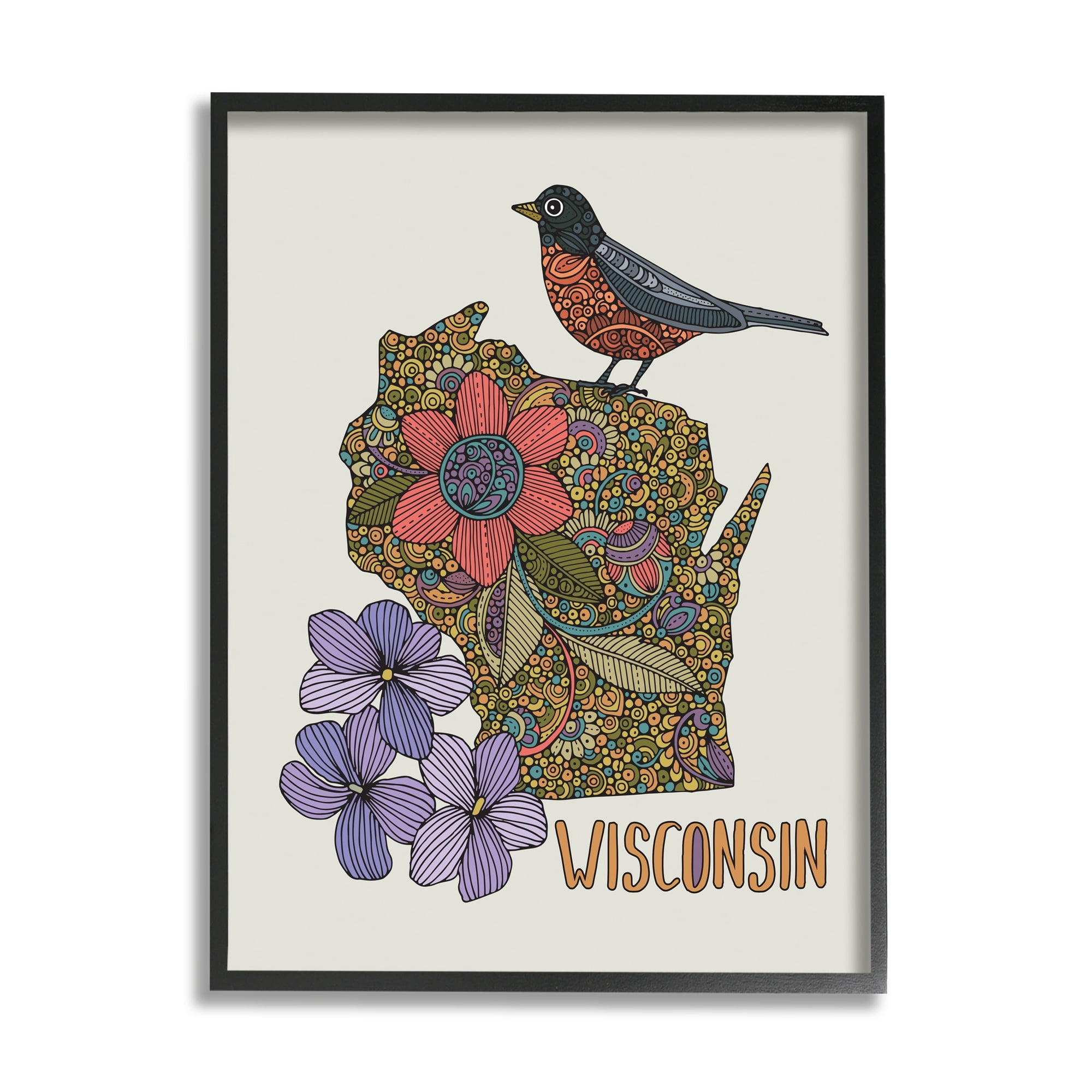 Stupell Industries Intricate Wisconsin Robin State Flower Pattern Design Graphic Art Black Framed Art Print Wall Art, Design by Valentina Harper