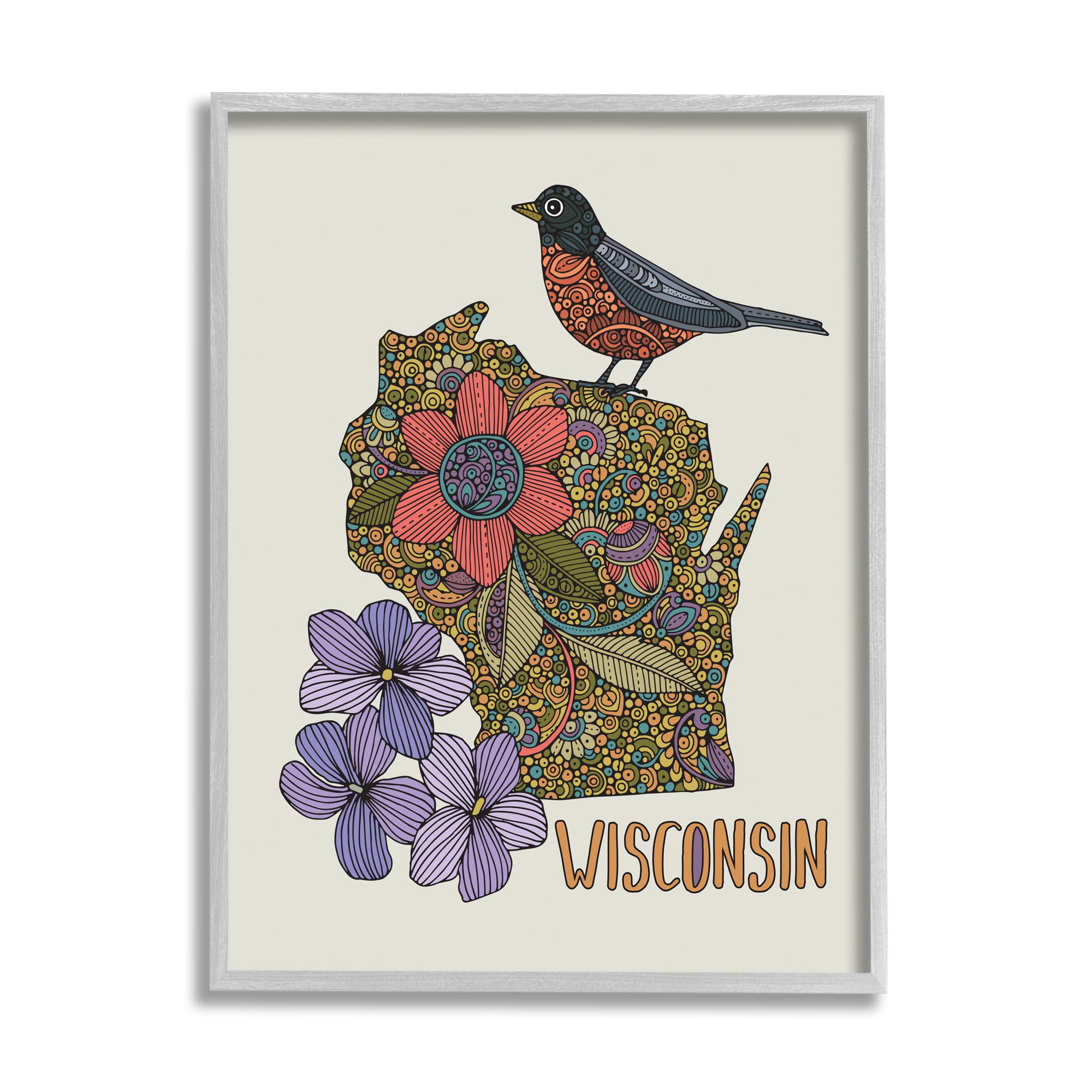 Stupell Industries Intricate Wisconsin Robin State Flower Pattern Design Graphic Art Gray Framed Art Print Wall Art, Design by Valentina Harper