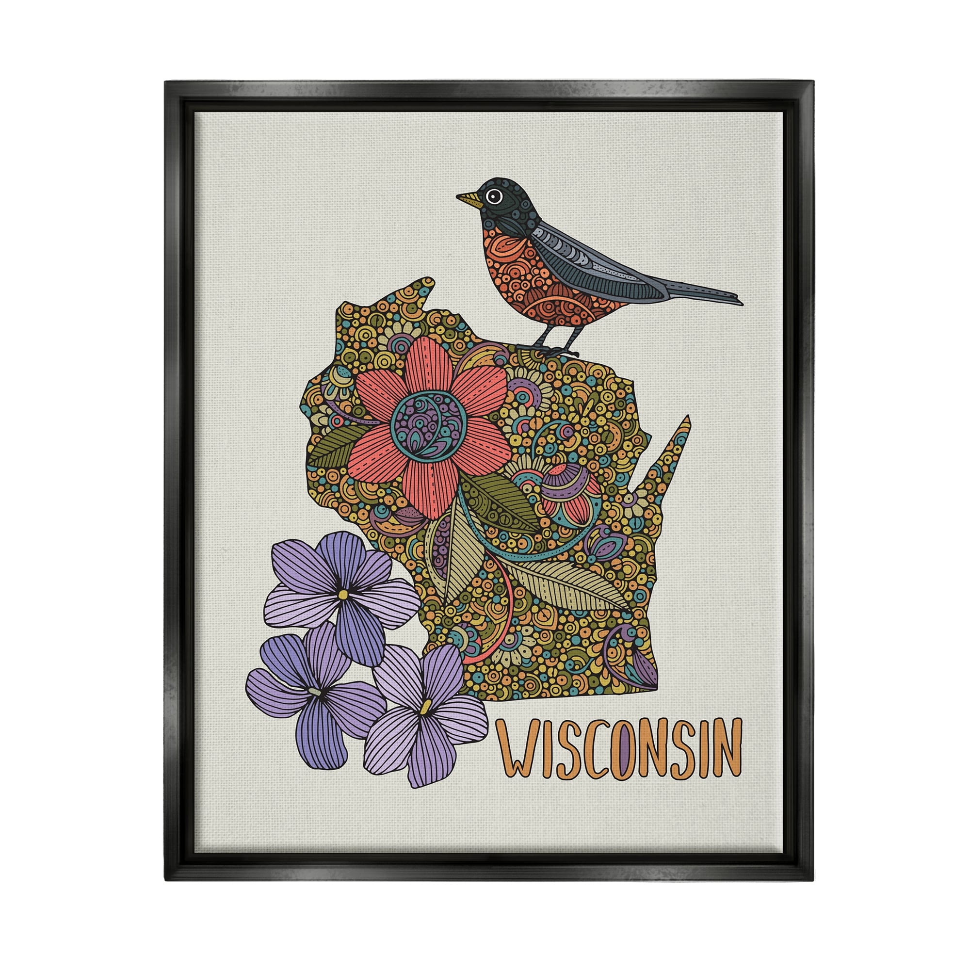 Stupell Industries Intricate Wisconsin Robin State Flower Pattern Design Graphic Art Jet Black Floating Framed Canvas Print Wall Art, Design by Valentina Harper