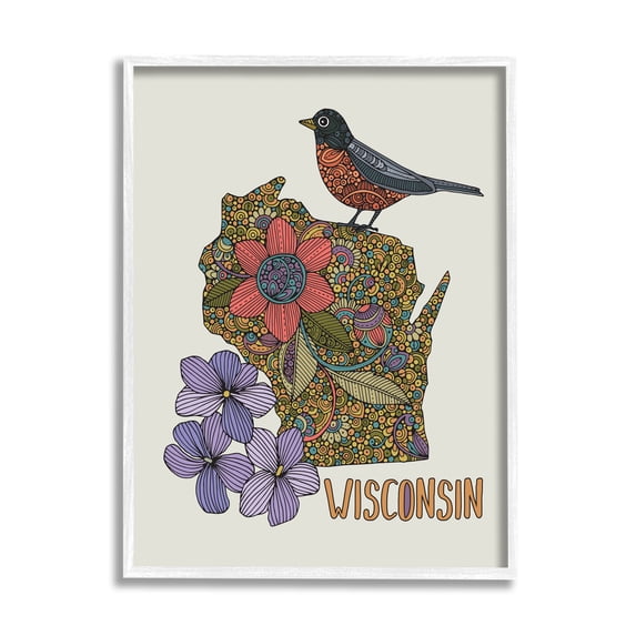 Stupell Industries Intricate Wisconsin Robin State Flower Pattern Design Graphic Art White Framed Art Print Wall Art, Design by Valentina Harper