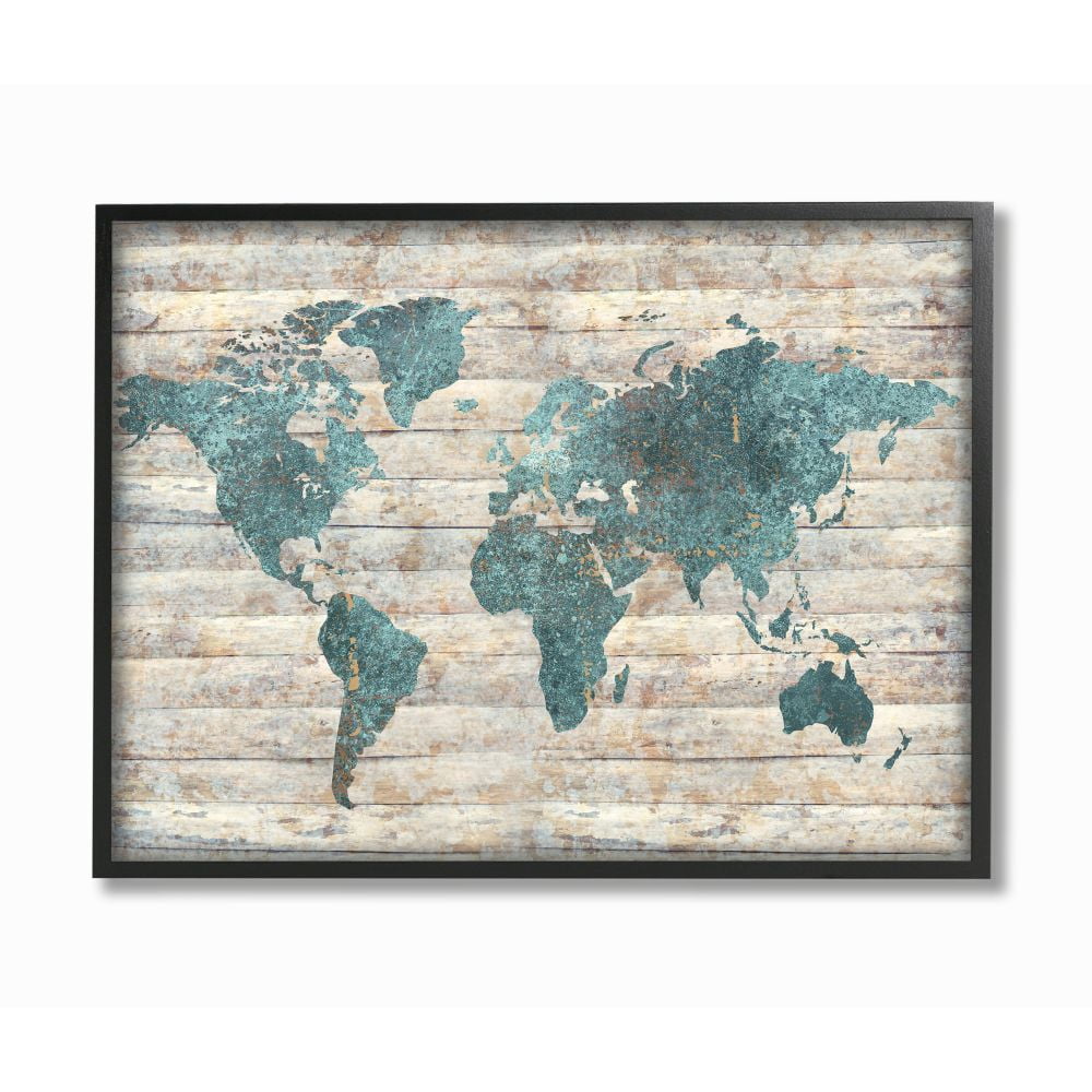 Stupell Industries Intriguing Blue Patterned Map on Rustic Design Designed by Ziwei Li