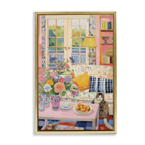 Stupell Industries Invited Guest Interior Furniture Painting Gold Floater Framed Canvas Art Print Wall Art, 17 x 25