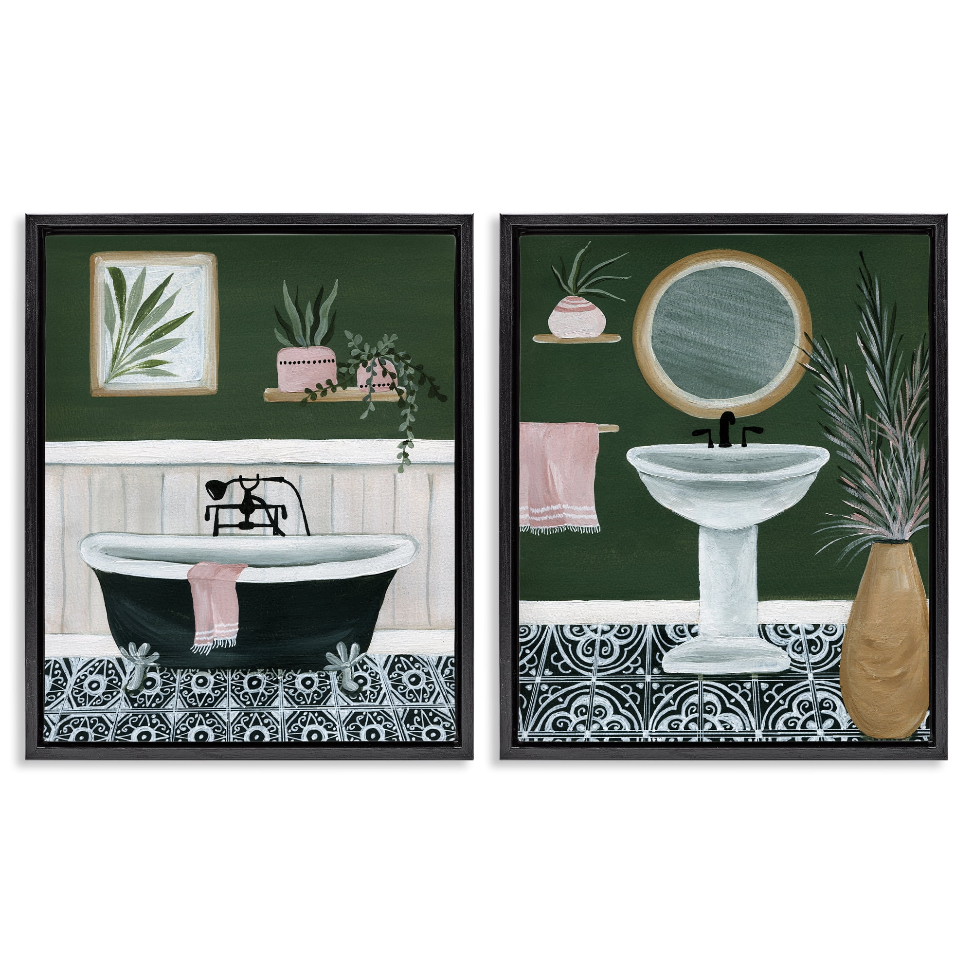 Stupell Industries Inviting Bold Green Bathroom Bath & Laundry Painting Black Floater Framed Canvas Art Print Wall Art, 17 x 21, Set of 2