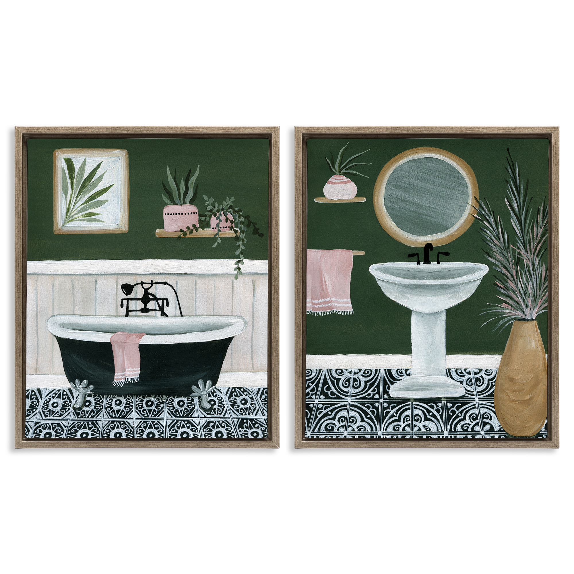 Stupell Industries Inviting Bold Green Bathroom Bath & Laundry Painting Brown Floater Framed Canvas Art Print Wall Art, 31 x 25, Set of 2