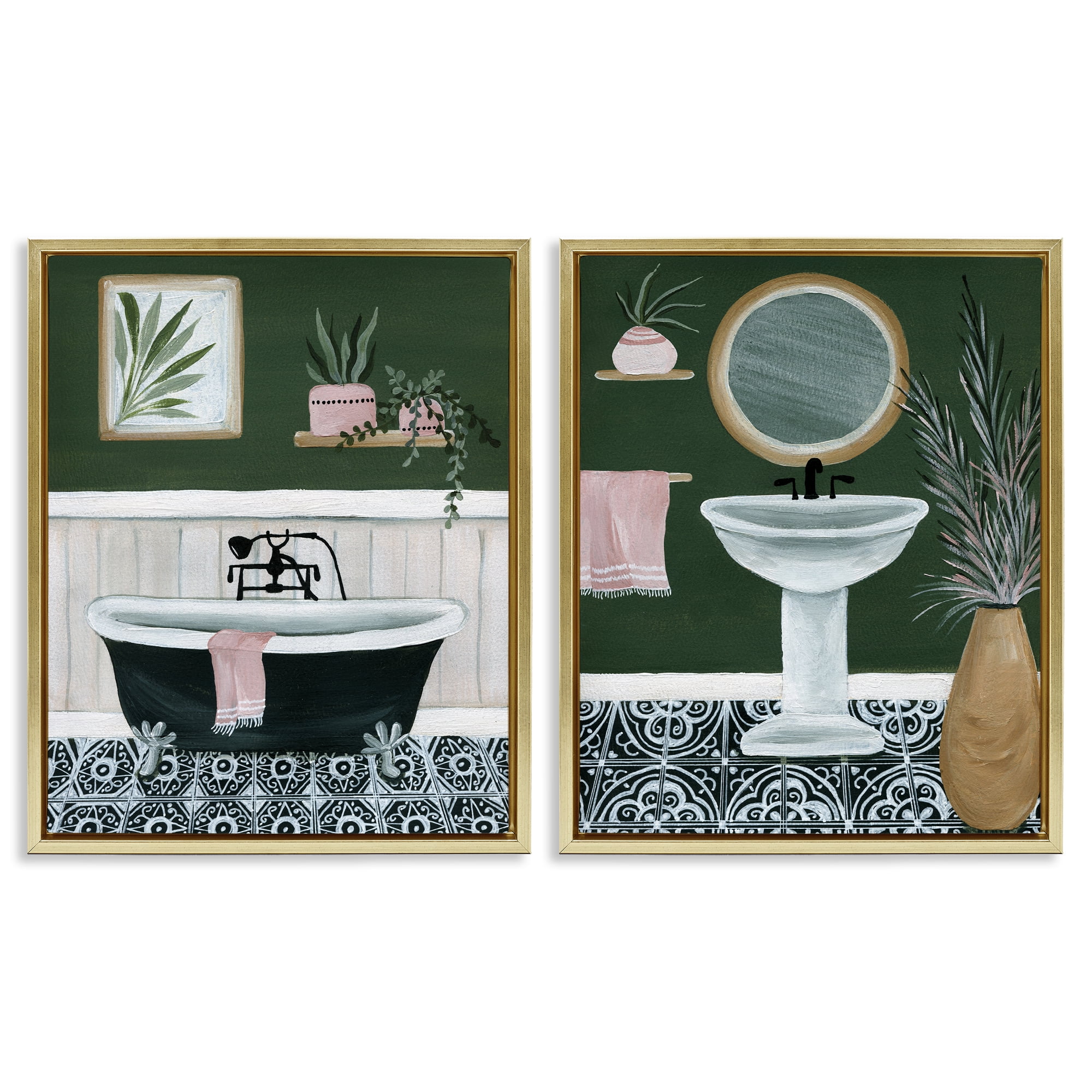 Stupell Industries Inviting Bold Green Bathroom Bath & Laundry Painting Gold Floater Framed Canvas Art Print Wall Art, 17 x 21, Set of 2