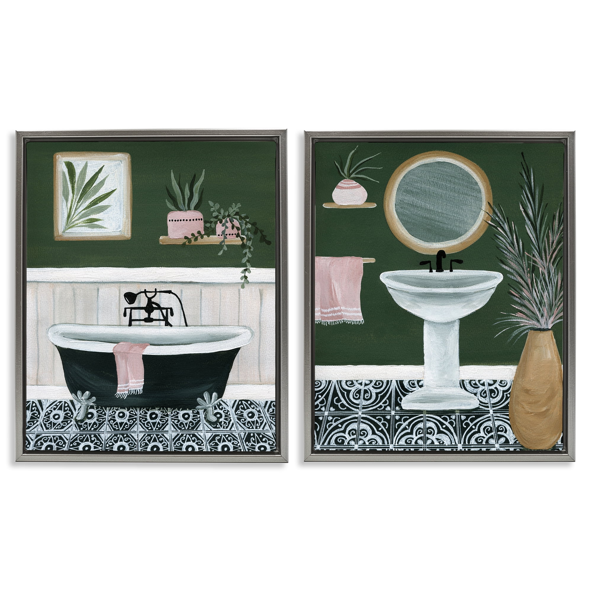 Stupell Industries Inviting Bold Green Bathroom Bath & Laundry Painting Gray Floater Framed Canvas Art Print Wall Art, 17 x 21, Set of 2