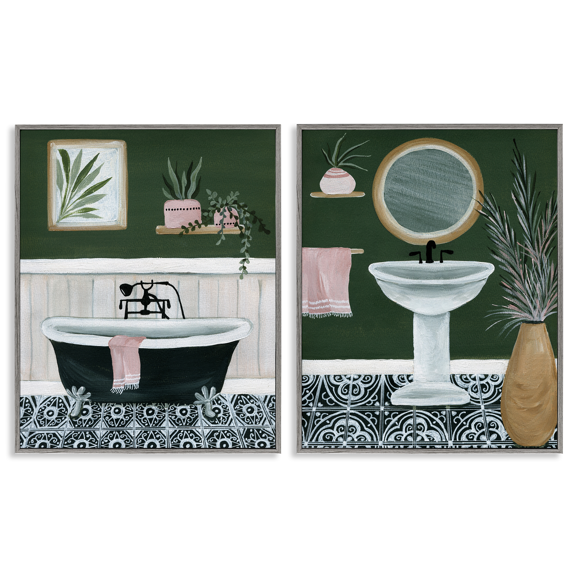 Stupell Industries Inviting Bold Green Bathroom Bath & Laundry Painting Gray Framed Art Print Wall Art, 16 x 20, Set of 2