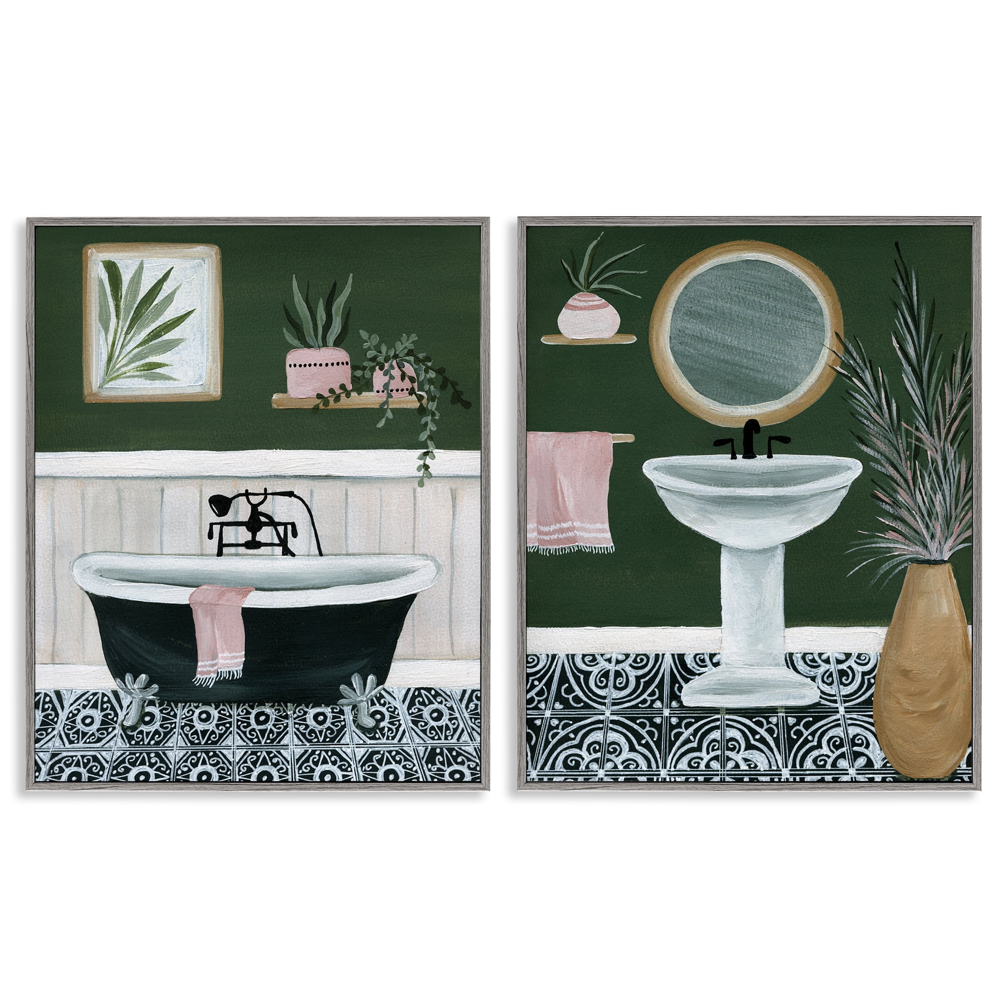 Stupell Industries Inviting Bold Green Bathroom Bath & Laundry Painting Gray Framed Art Print Wall Art, 24 x 30, Set of 2