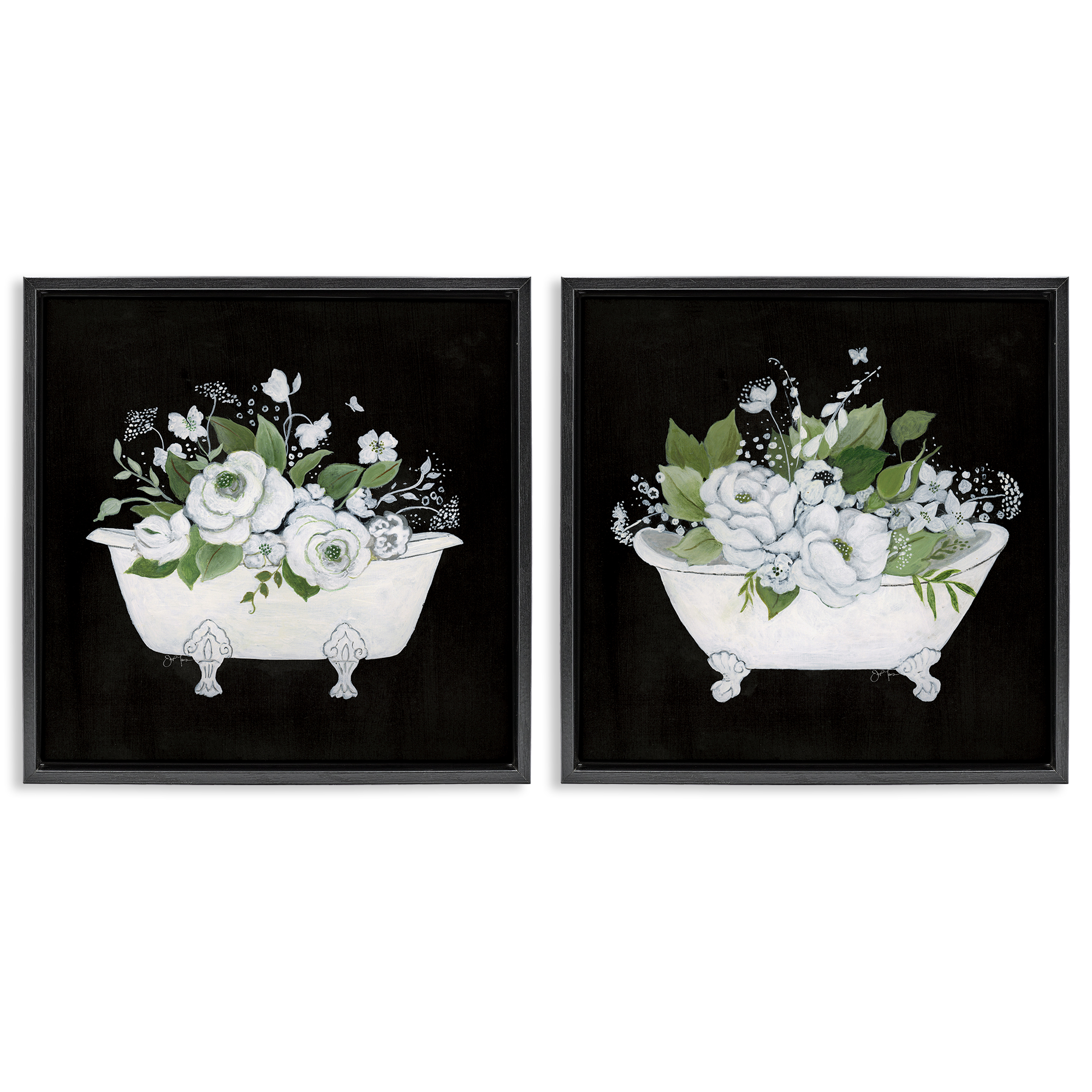 Stupell Industries Inviting Magnolia Clawfoot Tub Bath & Laundry Painting Black Floater Framed Canvas Art Print Wall Art, 25 x 25, Set of 2