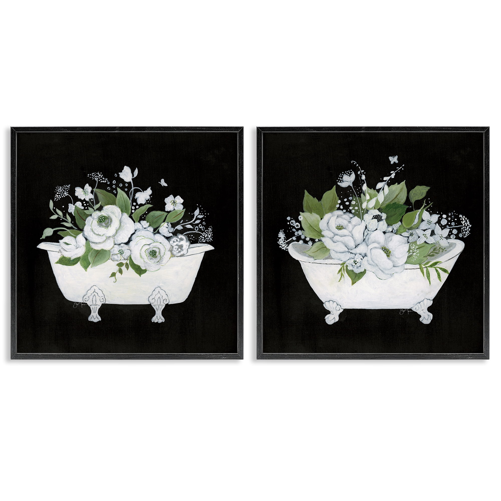 Stupell Industries Inviting Magnolia Clawfoot Tub Bath & Laundry Painting Black Framed Art Print Wall Art, 17 x 17, Set of 2