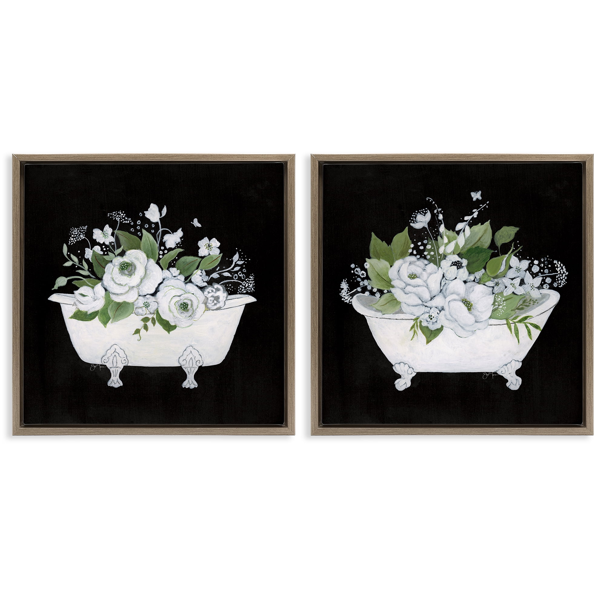 Stupell Industries Inviting Magnolia Clawfoot Tub Bath & Laundry Painting Brown Floater Framed Canvas Art Print Wall Art, 25 x 25, Set of 2