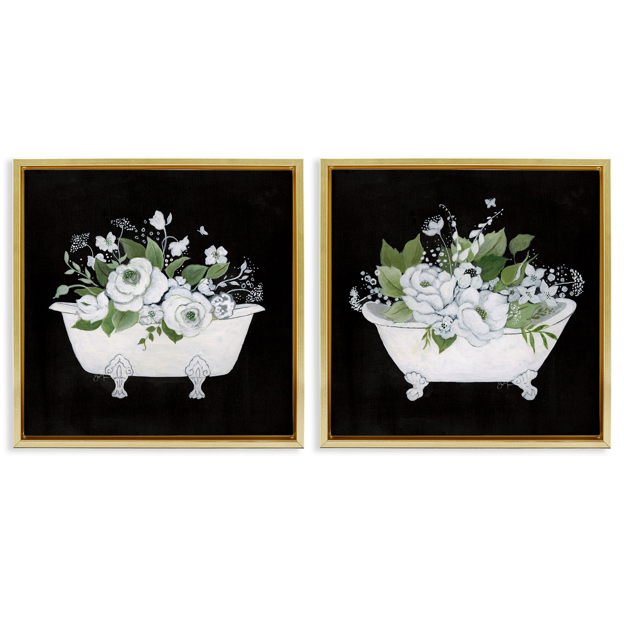 Stupell Industries Inviting Magnolia Clawfoot Tub Bath & Laundry Painting Gold Floater Framed Canvas Art Print Wall Art, 18 x 18, Set of 2