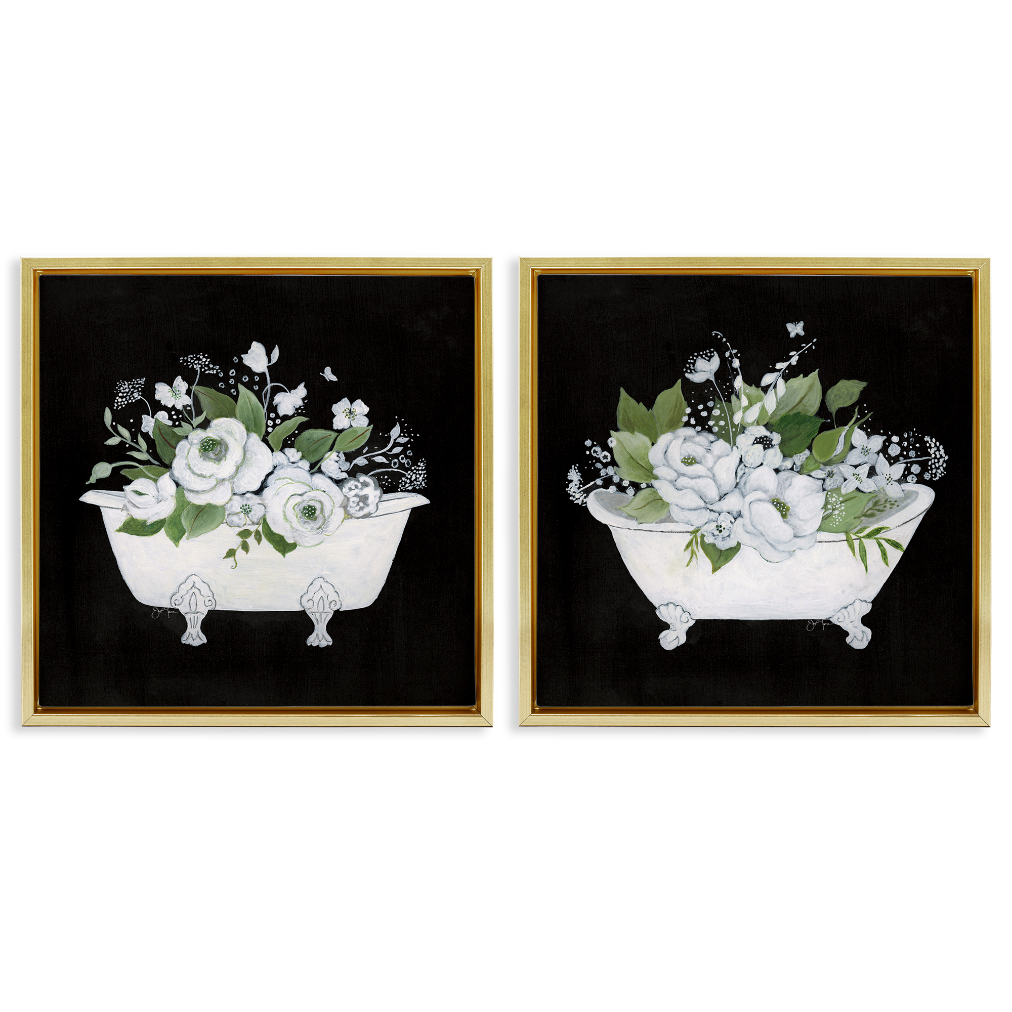 Stupell Industries Inviting Magnolia Clawfoot Tub Bath & Laundry Painting Gold Floater Framed Canvas Art Print Wall Art, 25 x 25, Set of 2