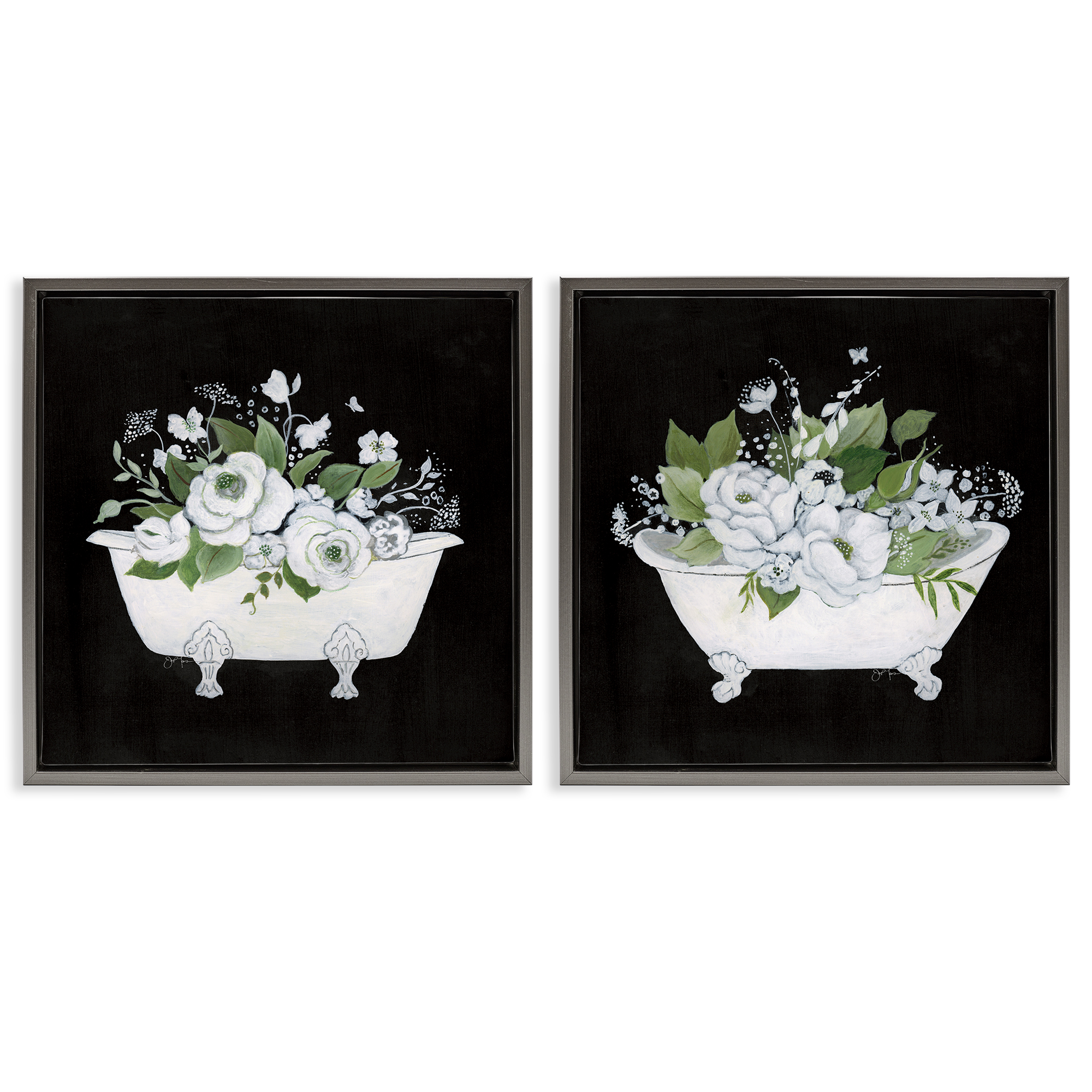 Stupell Industries Inviting Magnolia Clawfoot Tub Bath & Laundry Painting Gray Floater Framed Canvas Art Print Wall Art, 18 x 18, Set of 2